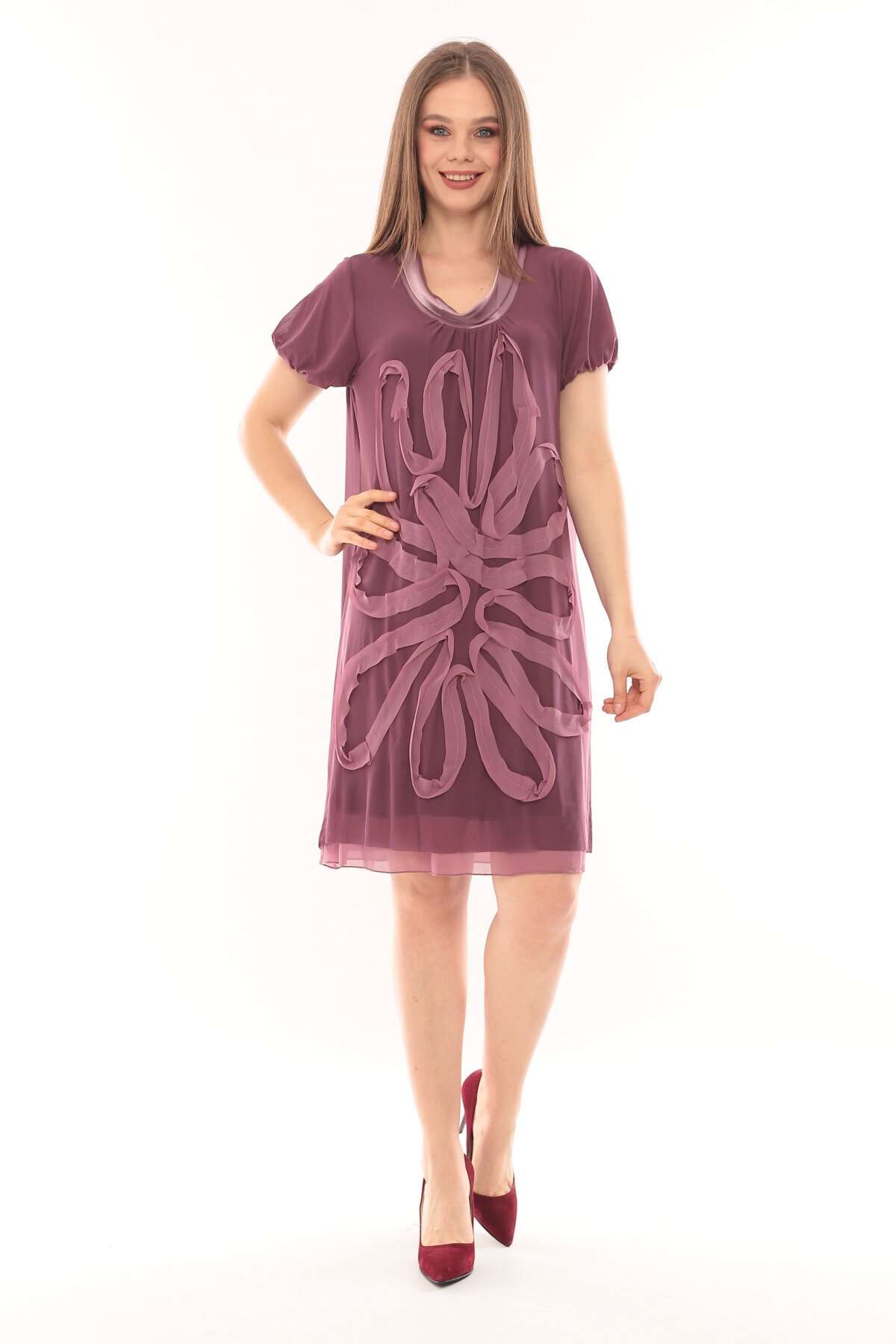 Kadın Büyük Beden Yarım Kol Şifon Çiçek Desenli Curve Astarlı Spor Şık Elbise