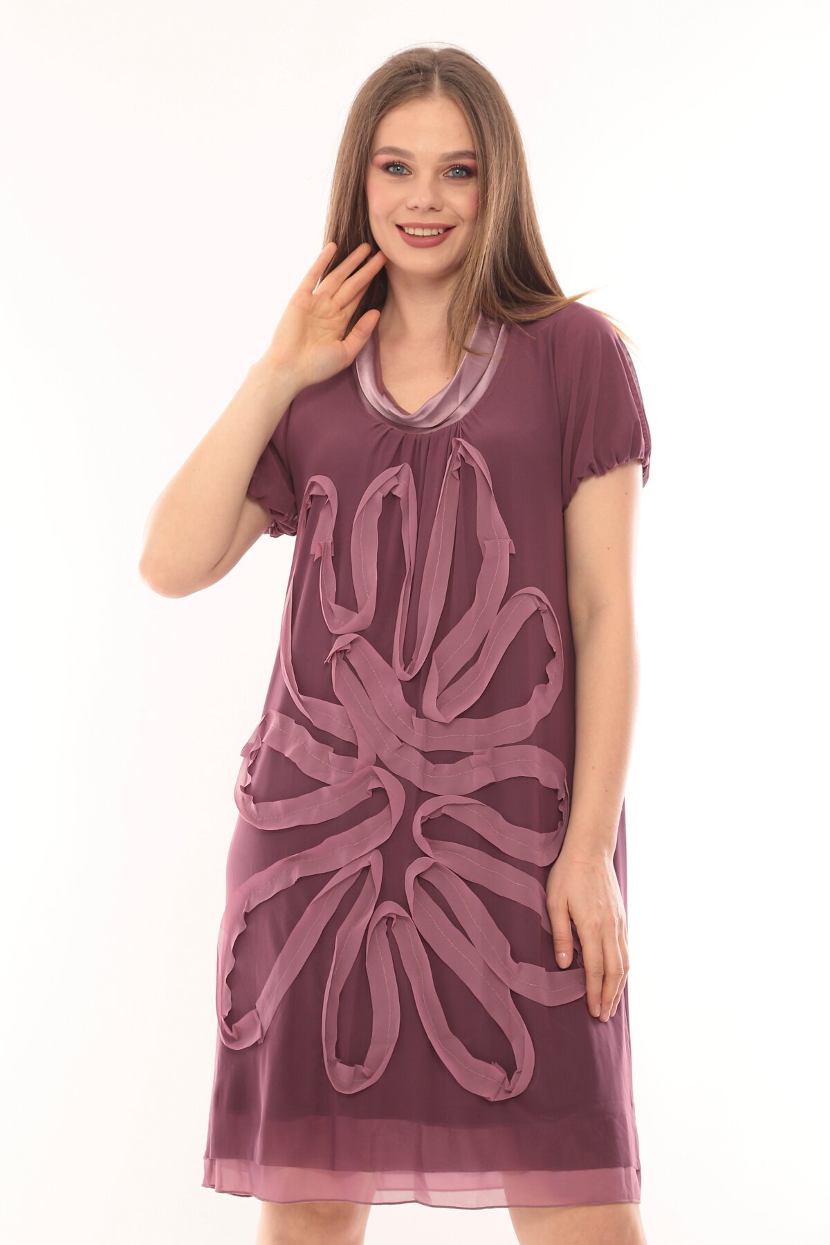 Kadın Büyük Beden Yarım Kol Şifon Çiçek Desenli Curve Astarlı Spor Şık Elbise