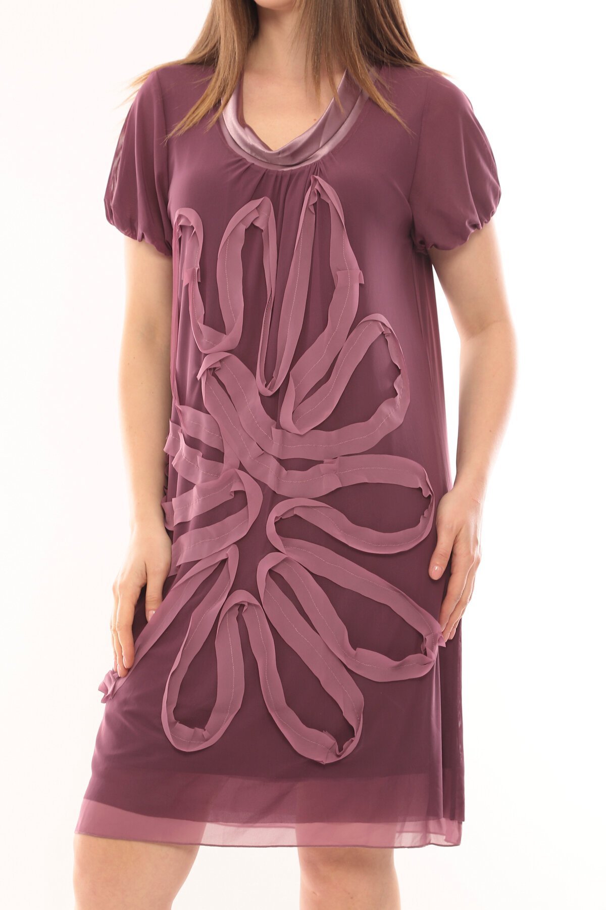 Kadın Büyük Beden Yarım Kol Şifon Çiçek Desenli Curve Astarlı Spor Şık Elbise