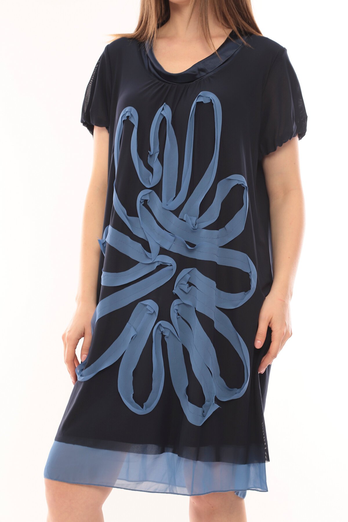 Kadın Büyük Beden Yarım Kol Şifon Çiçek Desenli Curve Astarlı Spor Şık Elbise