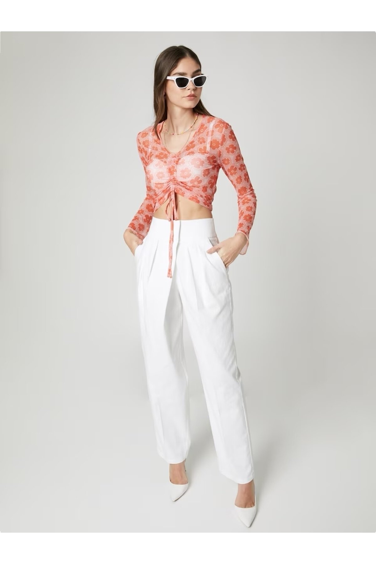 Kadın Çiçek Desenli Uzun Kol Tül Önden Büzgülü Spor Şık Crop Top Spor Casual  Büstiyer Bluz