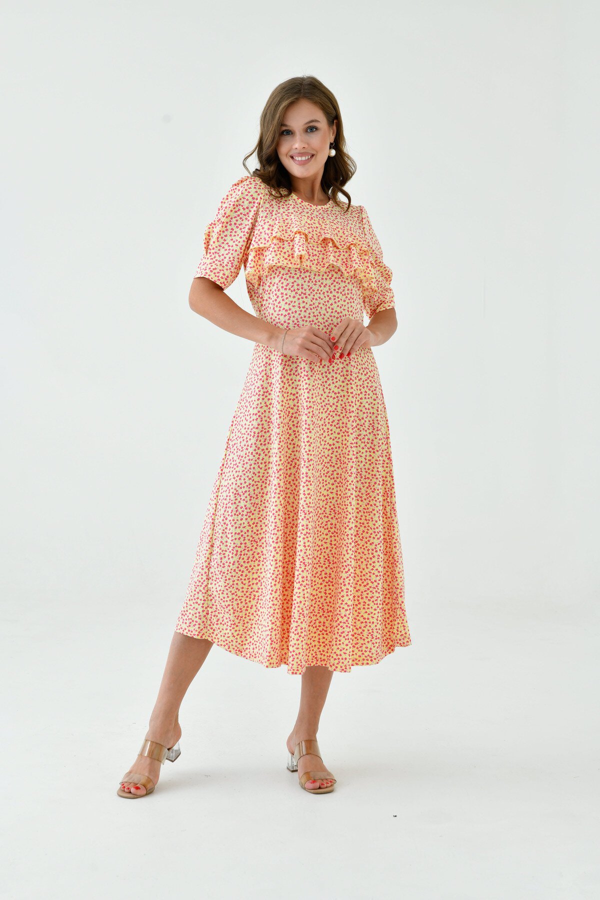 Kadın Çiçekli Kare Yaka Yarım Volanlı Kol Spor Şık Yazlık Uzun Elbise