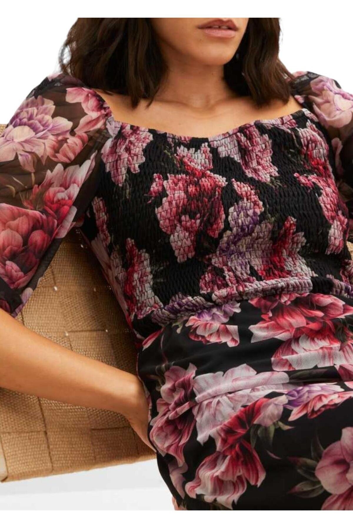 Kadın Çiçekli Tül Rahat Spor Şık Tül Curve Büyük Beden Elbise