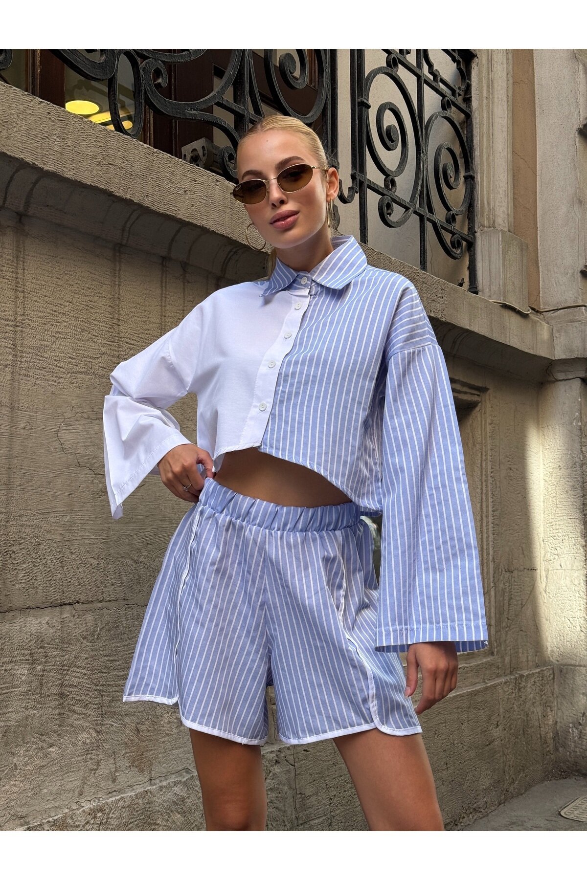 Kadın Çizgili Asimetrik Kesim İspanyol Kol Önden Düğmeli Spor Şık Tasarım Etek Şort Gömlek Takım