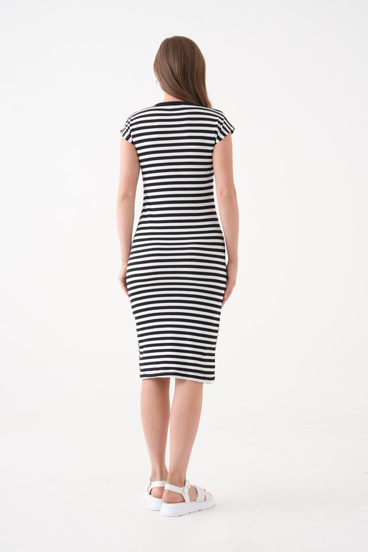 Kadın Çizgili  Spor Şık Siyah Beyaz Casual Midi Boy Elbise