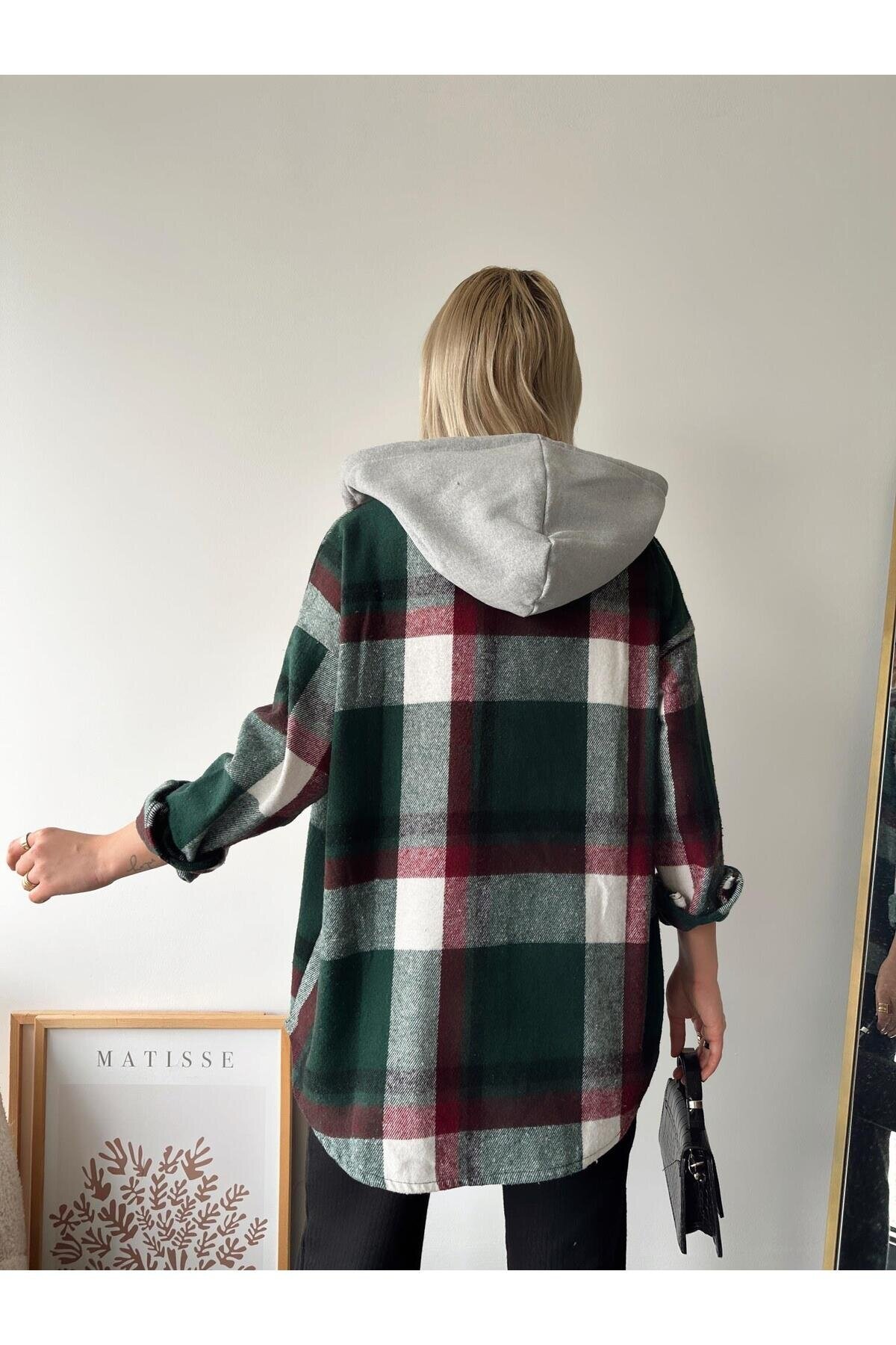 Kadın Çok Renkli Koyu Yeşil Oduncu Oversize Ceket Gömlek