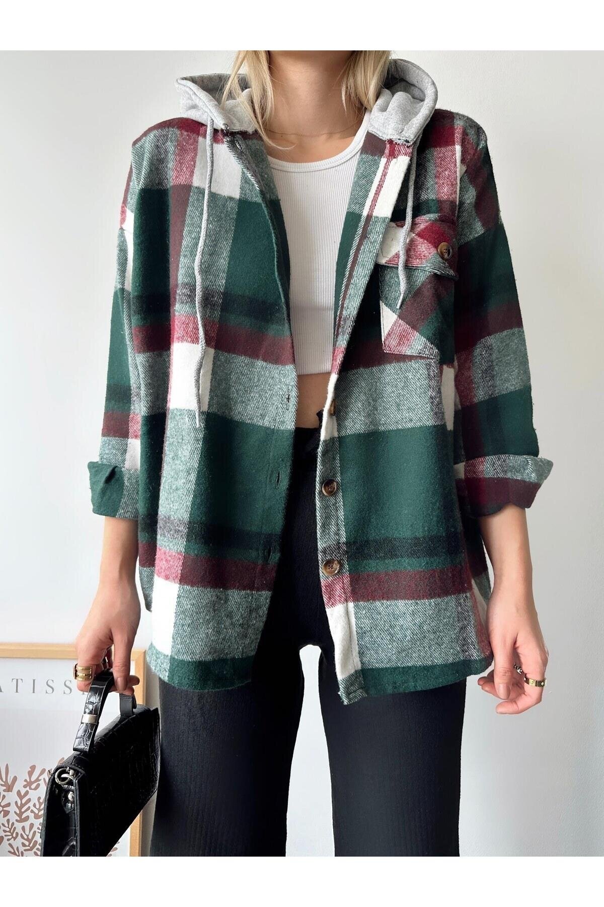 Kadın Çok Renkli Koyu Yeşil Oduncu Oversize Ceket Gömlek