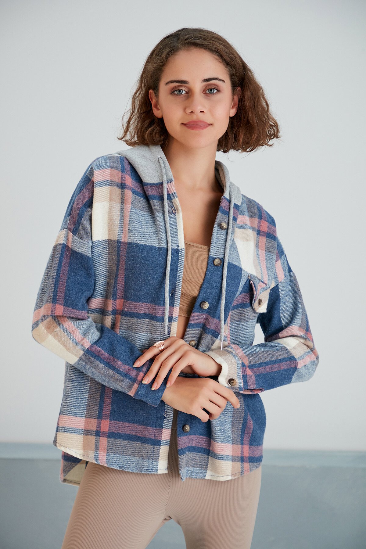 Kadın Çok Renkli Soft Mavi Oduncu Oversize Ceket Gömlek