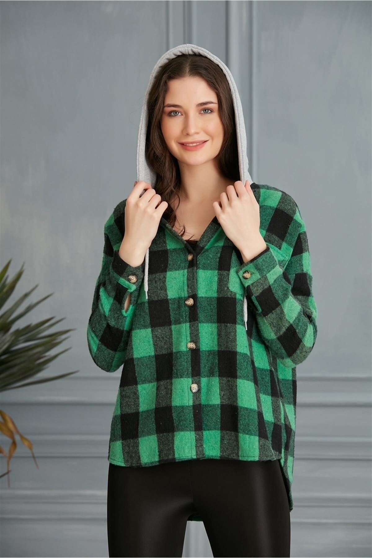 Kadın Çok Renkli Yeşil Oduncu Oversize Ceket Gömlek