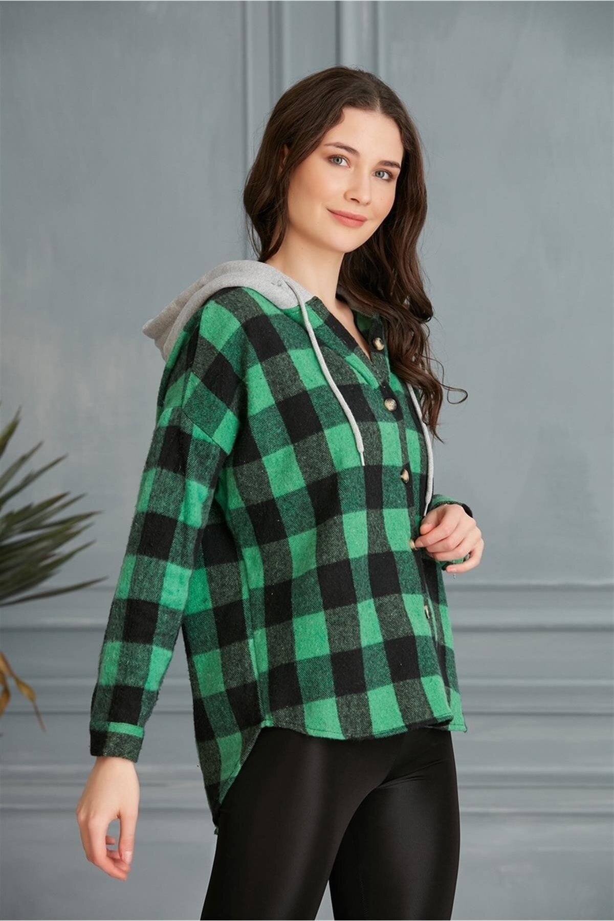 Kadın Çok Renkli Yeşil Oduncu Oversize Ceket Gömlek