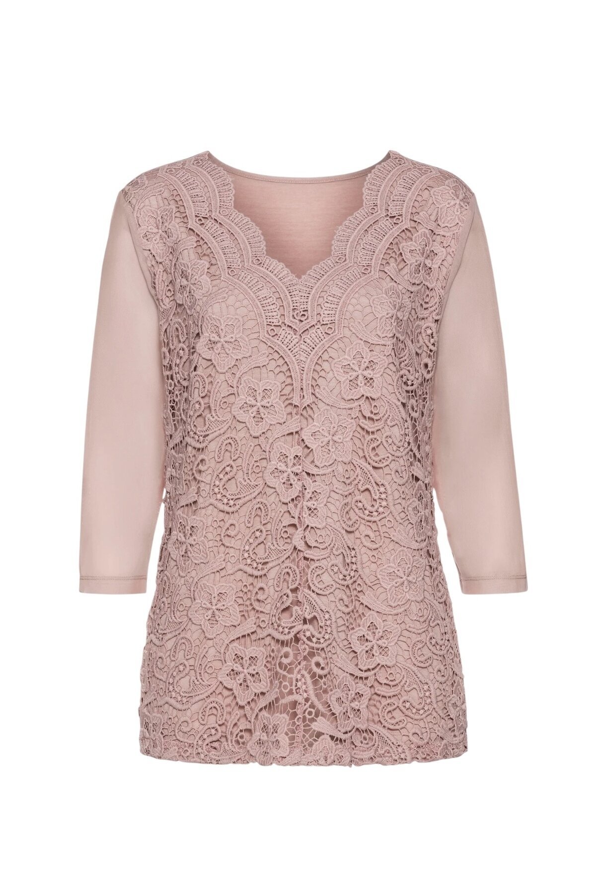 Kadın Curve Büyük Beden Önü Çiçek Güpürlü Kolları Tül Spor Şık Bluz