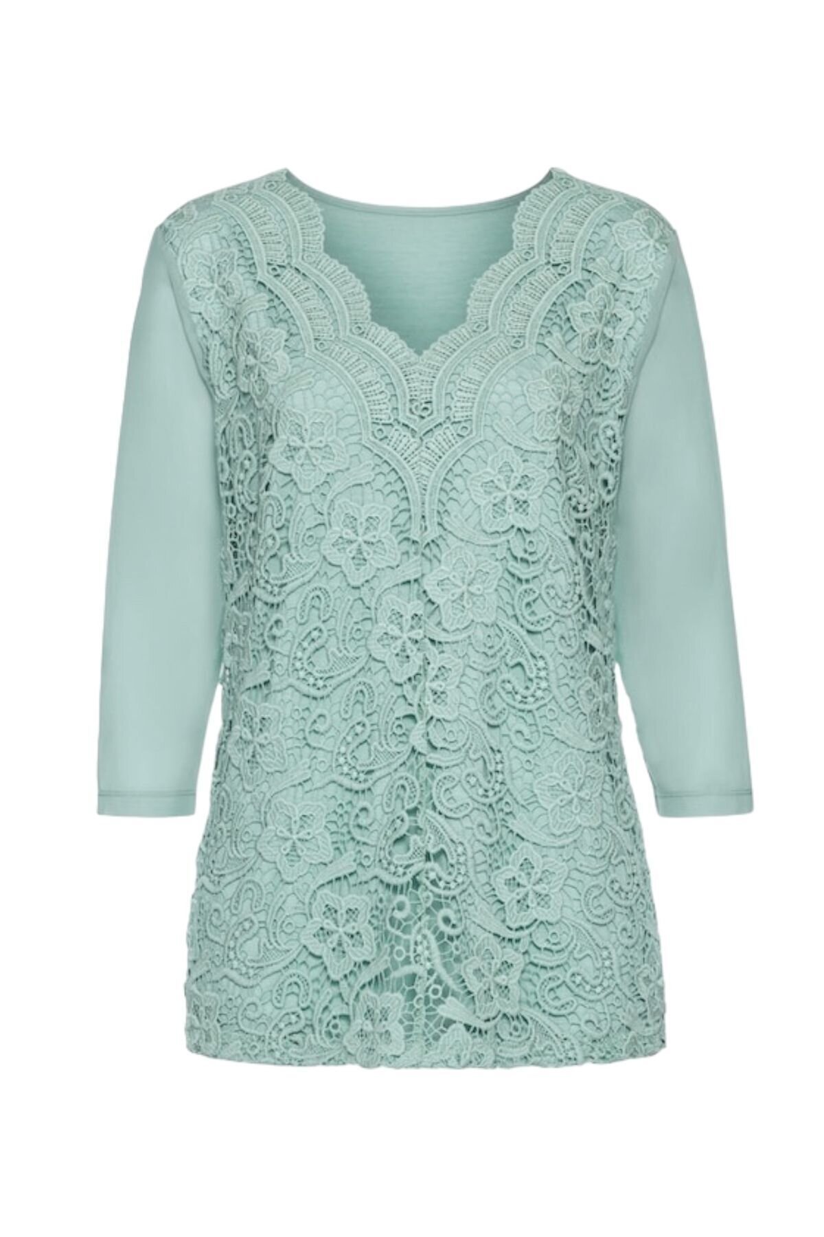 Kadın Curve Büyük Beden Önü Çiçek Güpürlü Kolları Tül Spor Şık Bluz