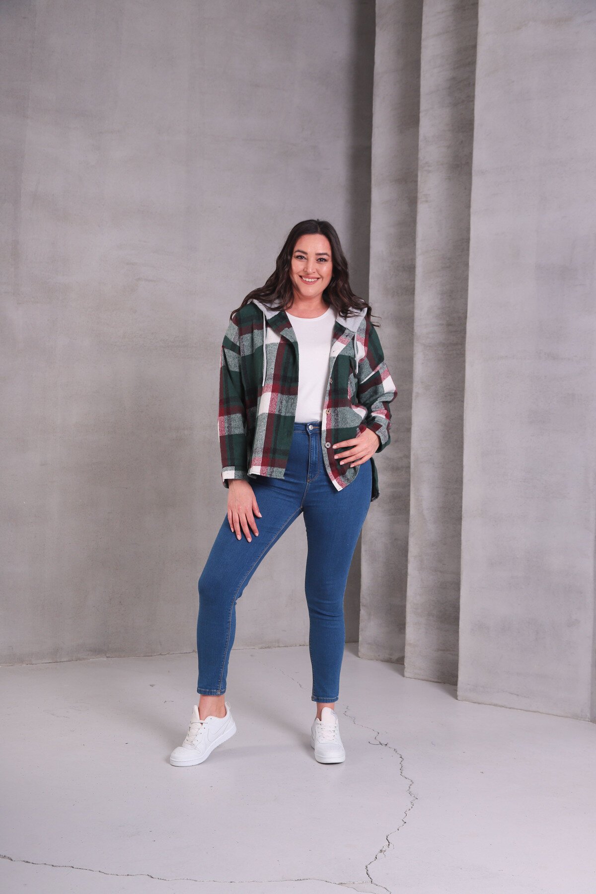 Kadın Curve Desenli Renkli Oduncu Oversize Büyük Beden Ceket Gömlek