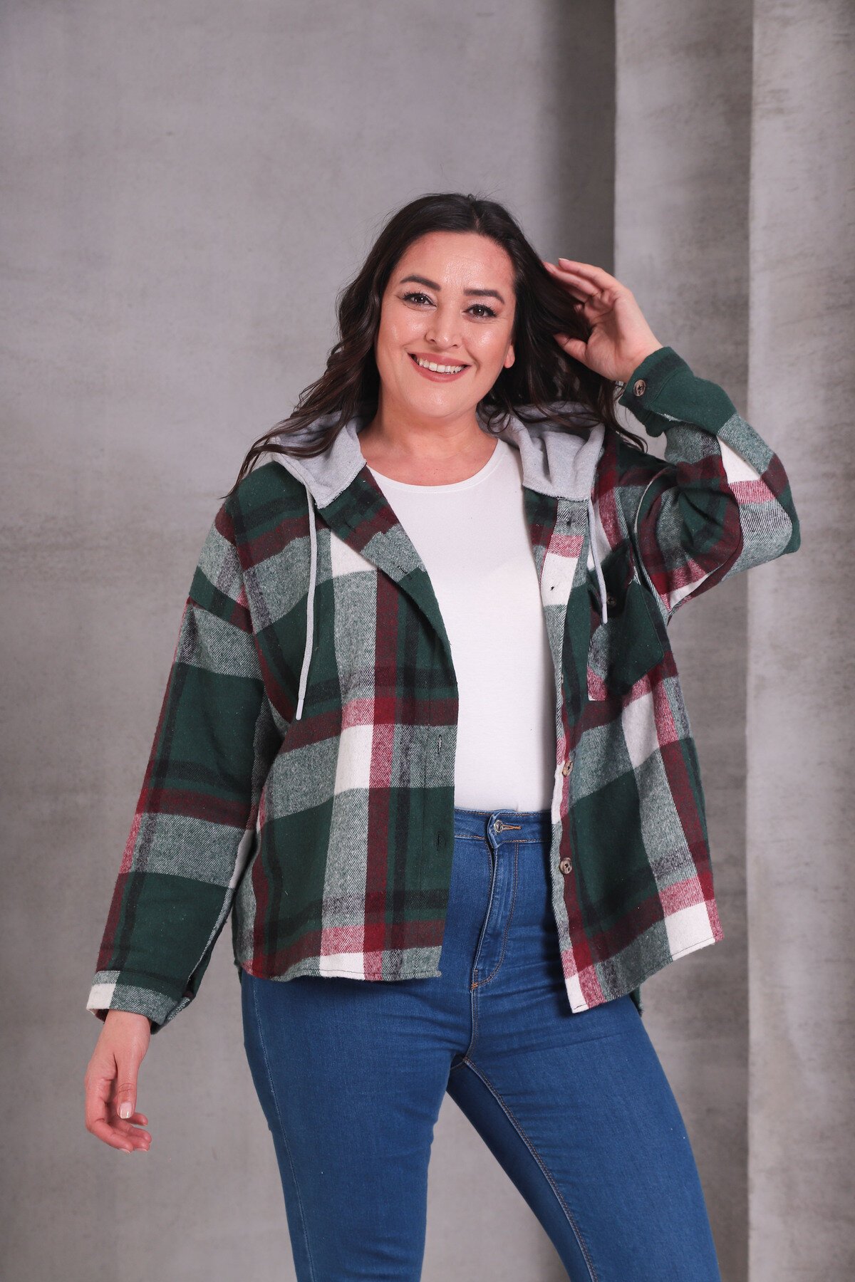 Kadın Curve Desenli Renkli Oduncu Oversize Büyük Beden Ceket Gömlek