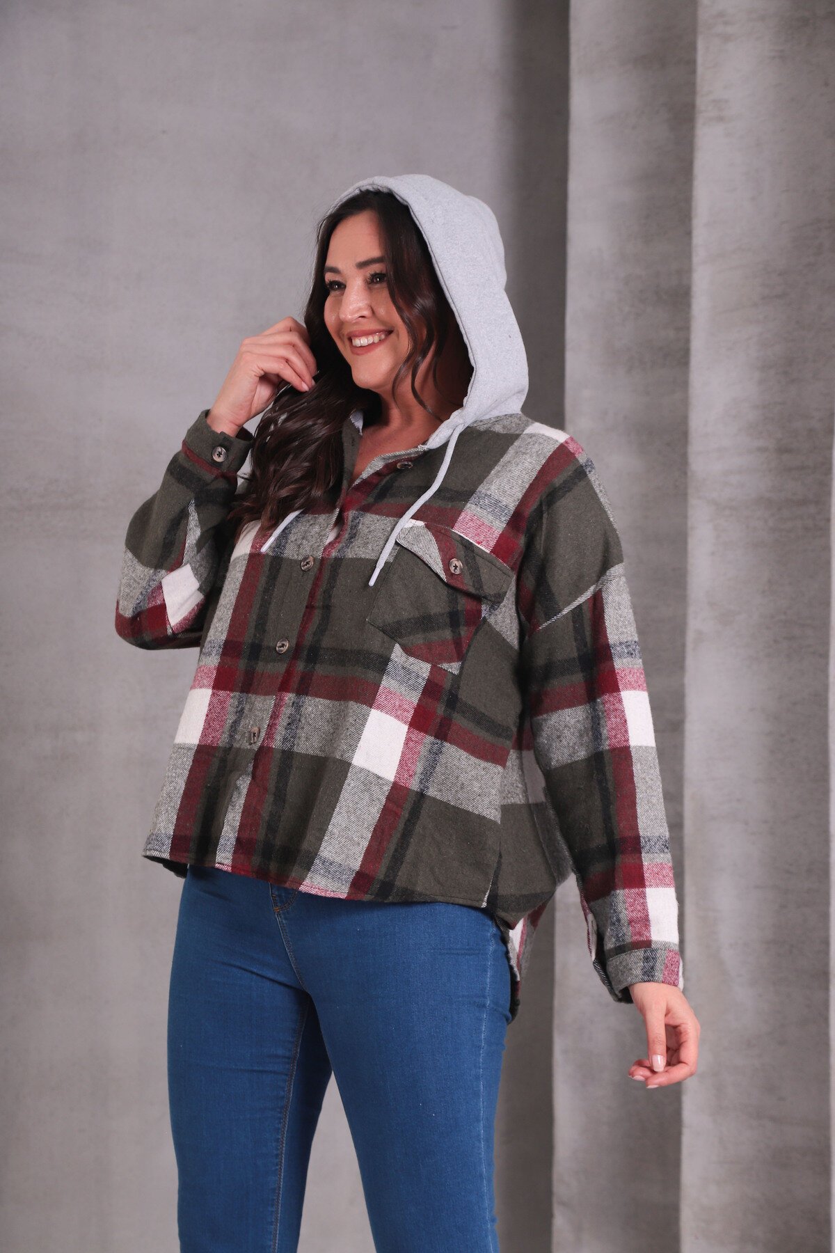 Kadın Curve Desenli Renkli Oduncu Oversize Büyük Beden Ceket Gömlek