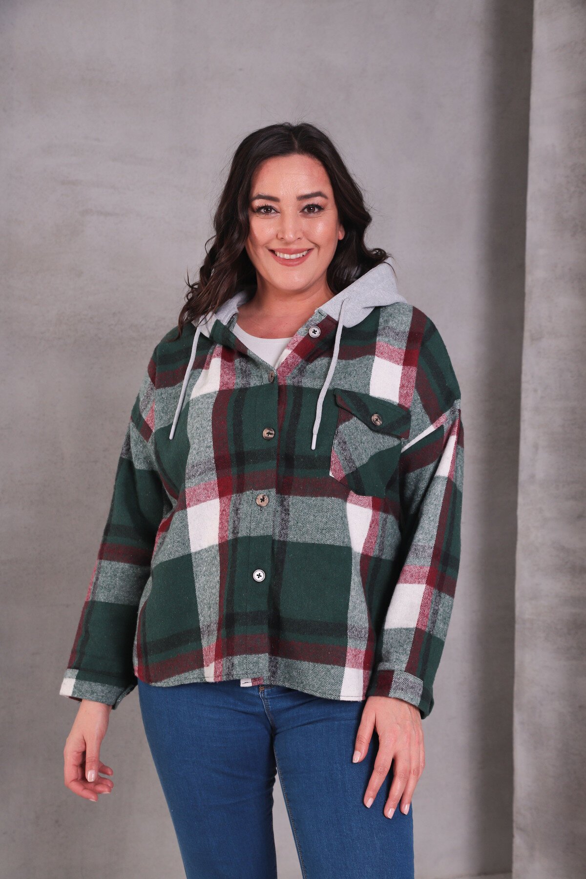 Kadın Curve Desenli Renkli Oduncu Oversize Büyük Beden Ceket Gömlek