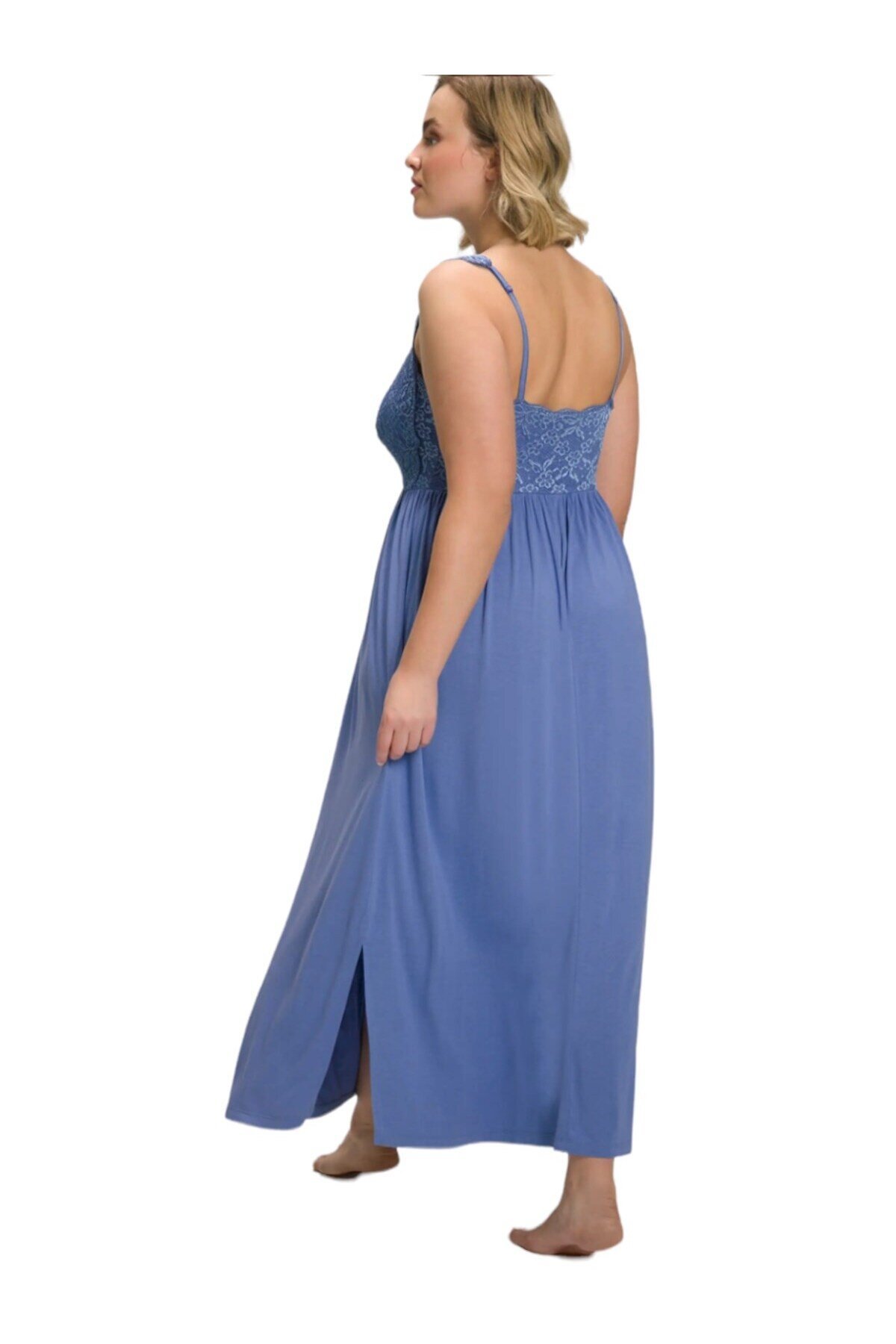 Kadın Dantel Detay Askılı Bebe-buz Mavi Şık Uzun Büyük Beden Curve Viskon Gecelik Elbise