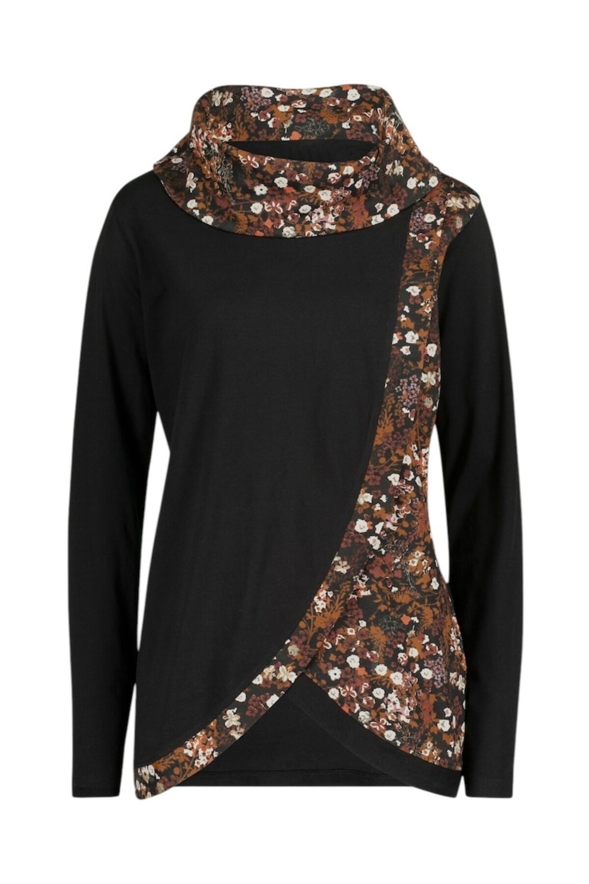 Kadın Degaje Yaka Çiçek Desenli Asimetrik Kesim Uzun Kol Spor Şık Curve Büyük Beden Bluz