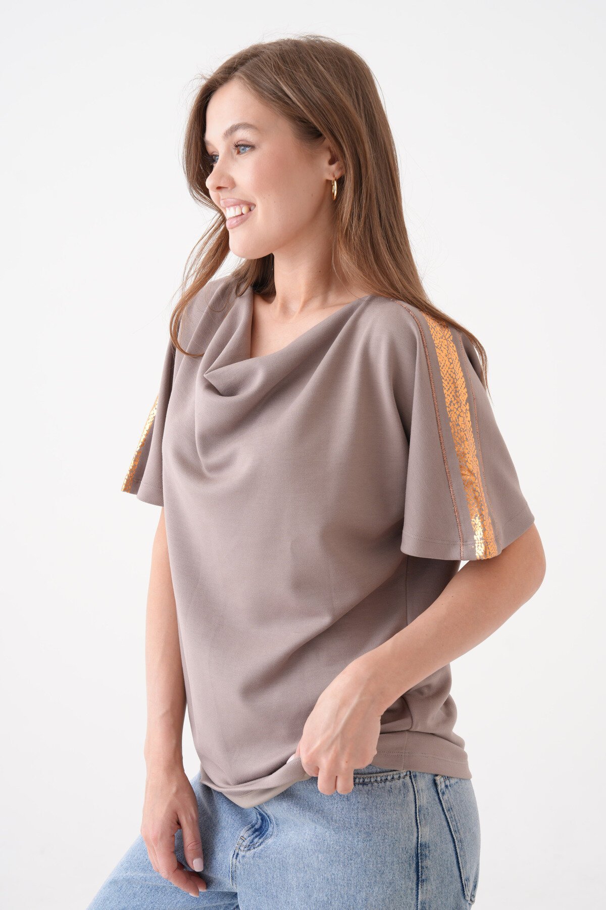 Kadın Degaje Yaka Yarım Kol Sim Detay Büyük Beden Curve Şık Bluz