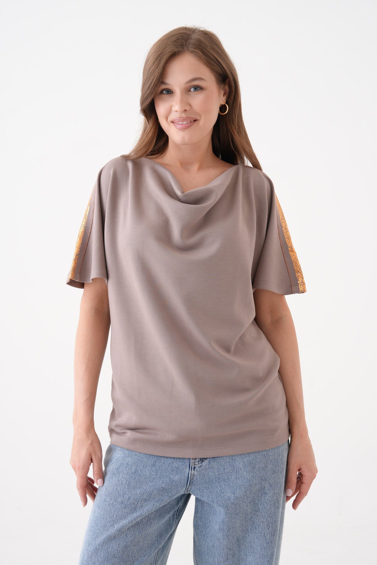 Kadın Degaje Yaka Yarım Kol Sim Detay Büyük Beden Curve Şık Bluz