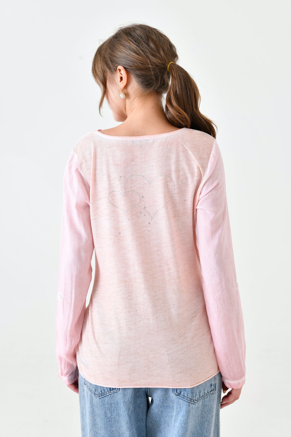 Kadın Degaye Yaka Geyik Baskılı Kalpli Taş Baskı Asimetrik Spor Şık Casual Curve Pudra Rengi Bluz