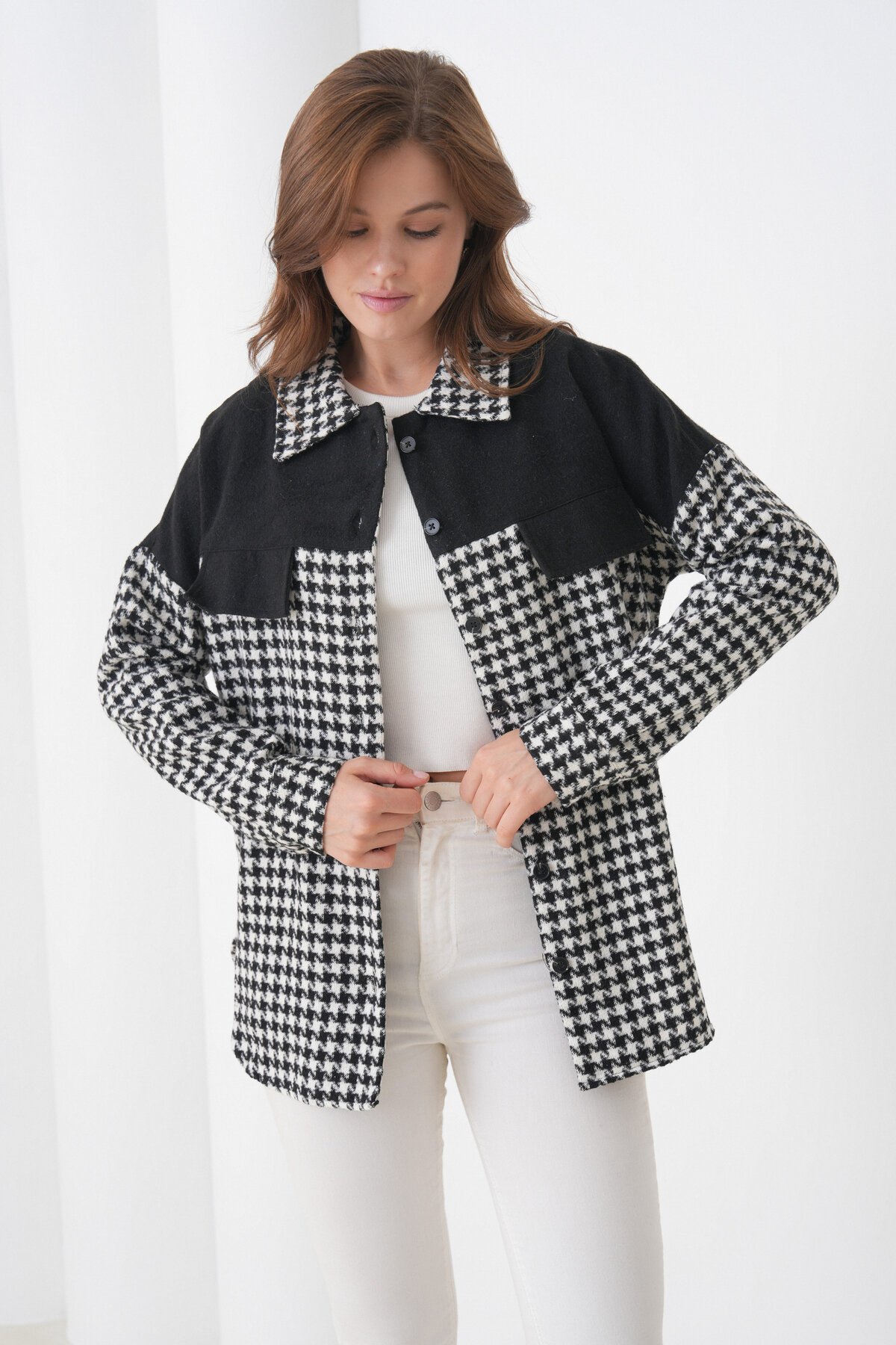 Kadın Desen Bloklu Oduncu Oversize Bol ve Geniş Kalıp Casual Cepli Yakalı Ceket Gömlek