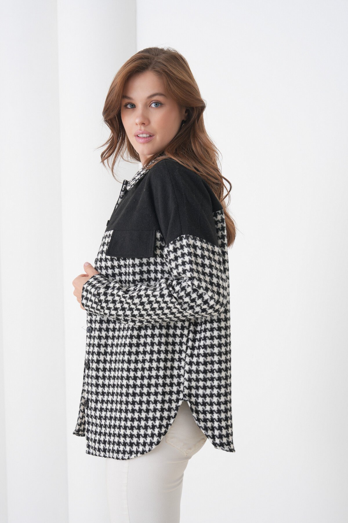 Kadın Desen Bloklu Oduncu Oversize Bol ve Geniş Kalıp Casual Cepli Yakalı Ceket Gömlek