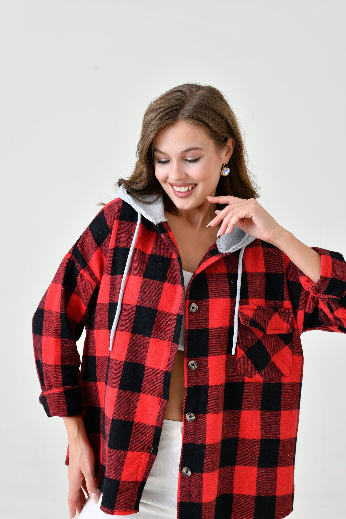 Kadın Desenli Renkli Oduncu Oversize Bol ve Geniş Kalıp Casual Çift Kapüşonlu Ceket Gömlek