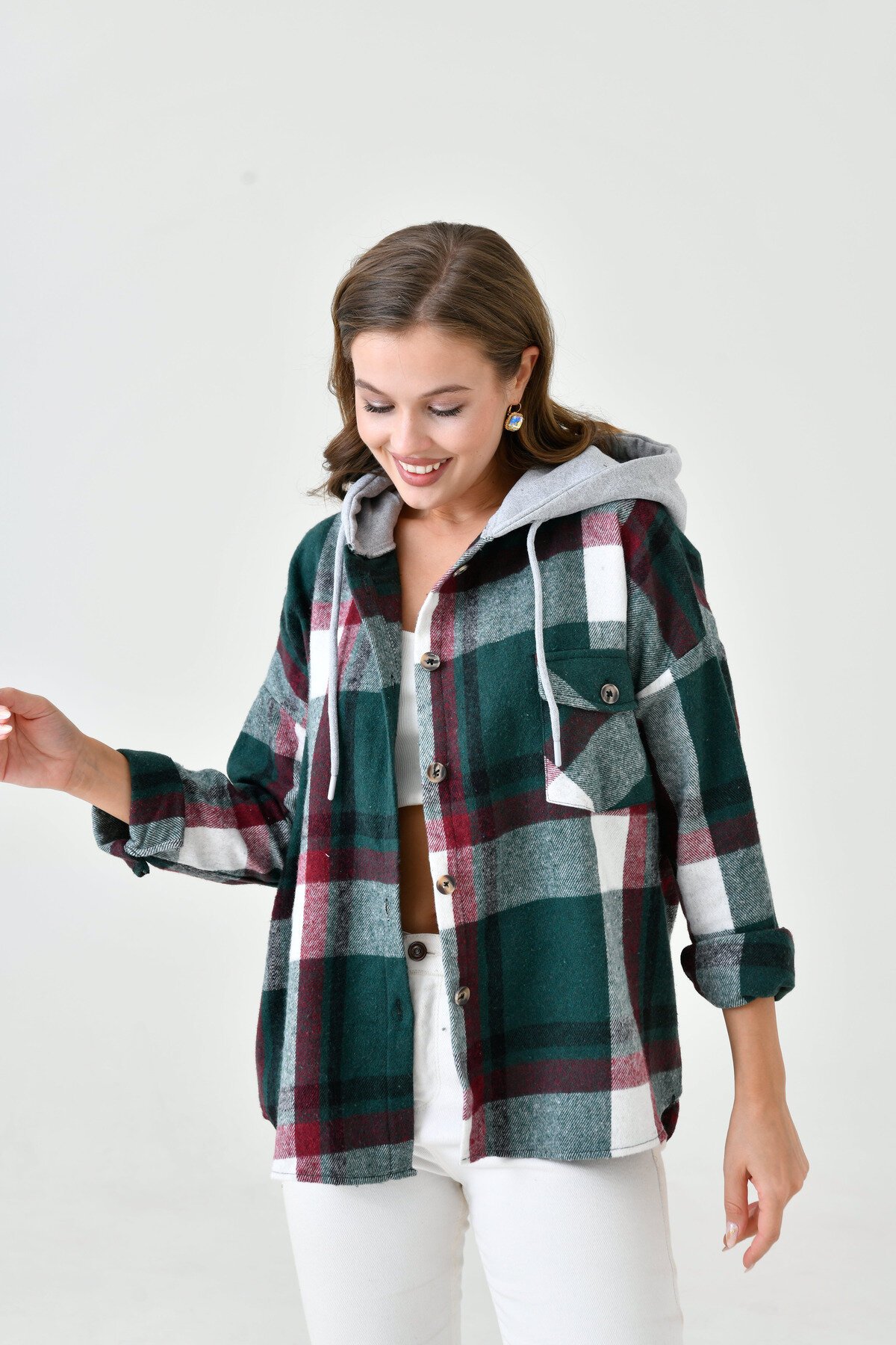 Kadın Desenli Renkli Oduncu Oversize Bol ve Geniş Kalıp Casual Çift Kapüşonlu Ceket Gömlek