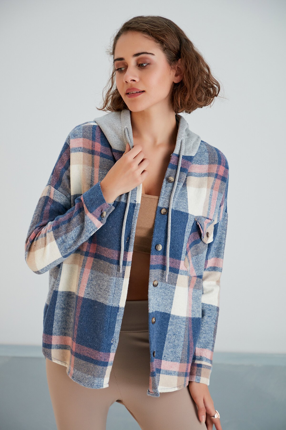 Kadın Desenli Renkli Oduncu Oversize Bol ve Geniş Kalıp Casual Çift Kapüşonlu Ceket Gömlek