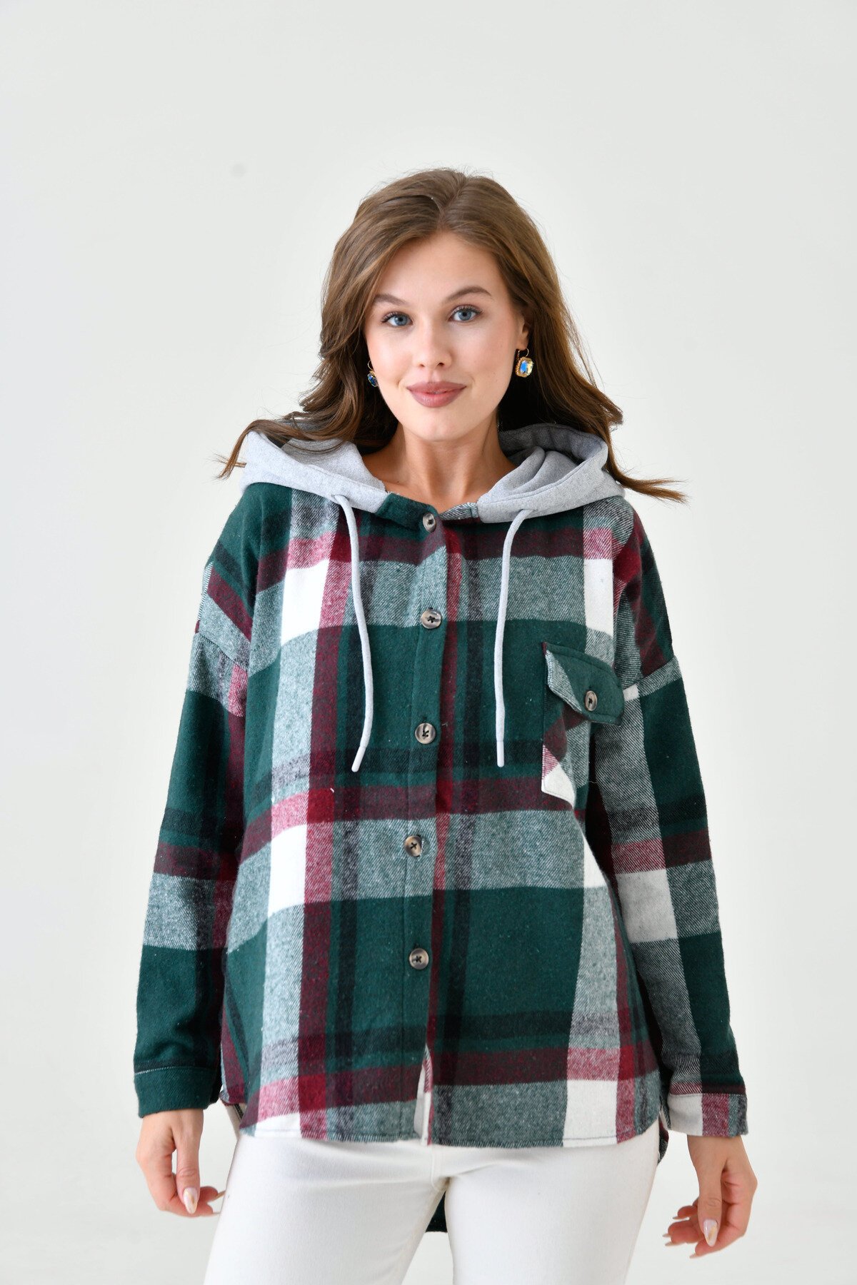 Kadın Desenli Renkli Oduncu Oversize Bol ve Geniş Kalıp Casual Çift Kapüşonlu Ceket Gömlek