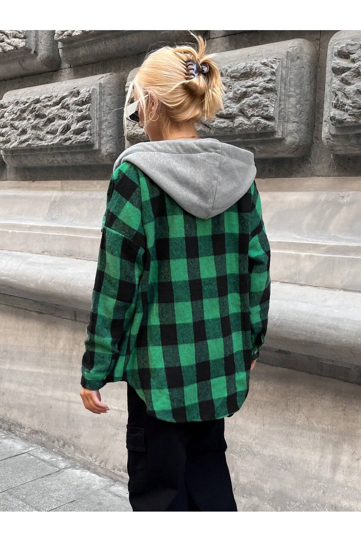 Kadın Desenli Renkli Oduncu Oversize Bol ve Geniş Kalıp Casual Çift Kapüşonlu Ceket Gömlek