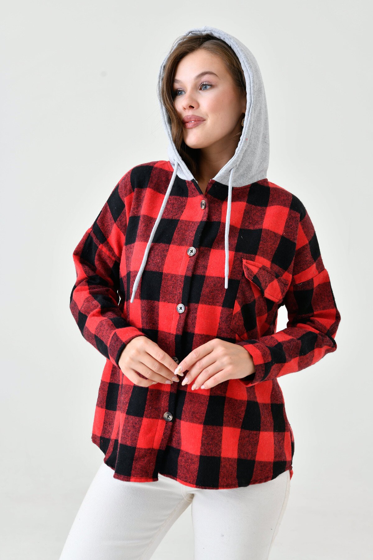 Kadın Desenli Renkli Oduncu Oversize Bol ve Geniş Kalıp Casual Çift Kapüşonlu Ceket Gömlek