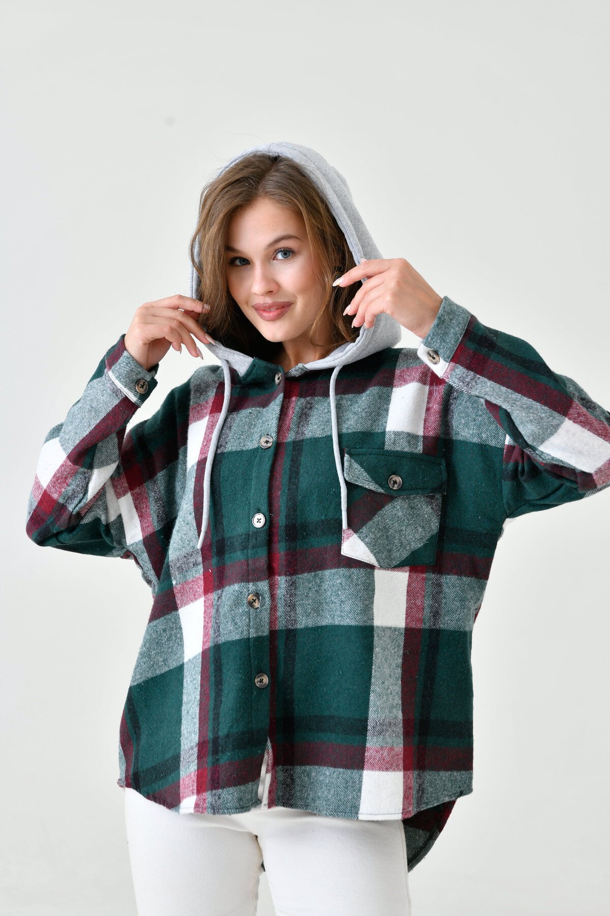 Kadın Desenli Renkli Oduncu Oversize Bol ve Geniş Kalıp Casual Çift Kapüşonlu Ceket Gömlek