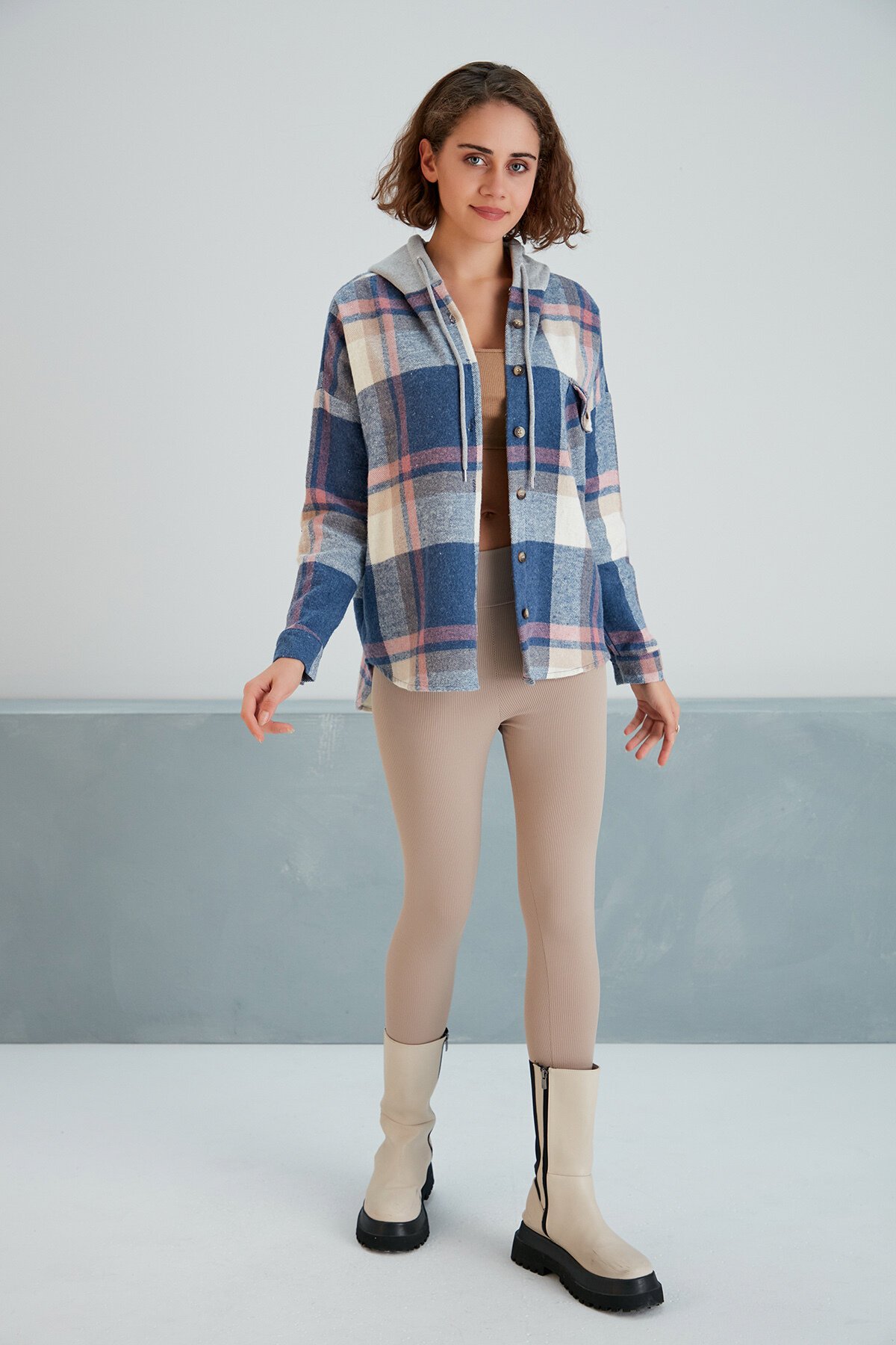 Kadın Desenli Renkli Oduncu Oversize Bol ve Geniş Kalıp Casual Çift Kapüşonlu Ceket Gömlek