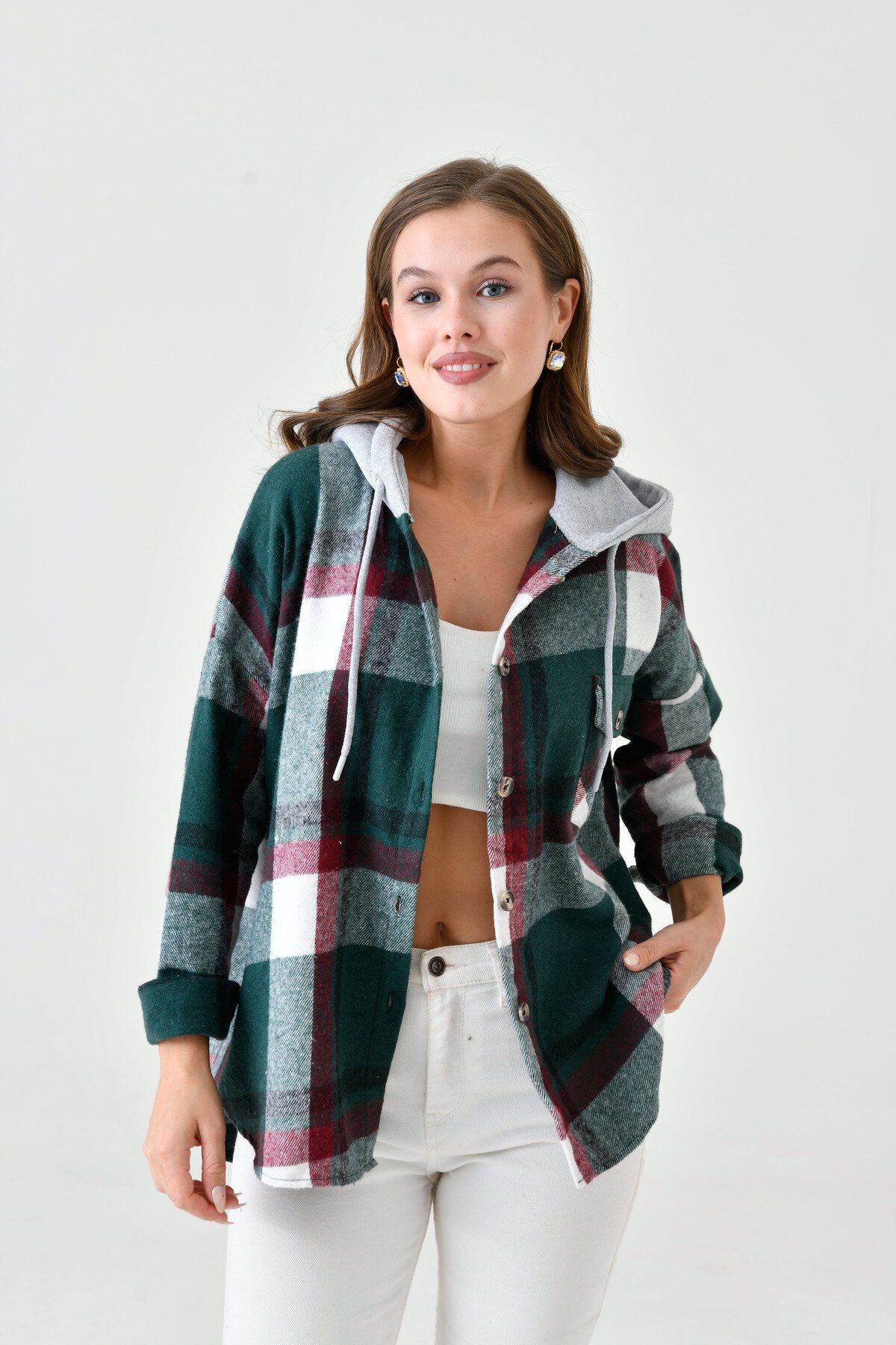 Kadın Desenli Renkli Oduncu Oversize Bol ve Geniş Kalıp Casual Çift Kapüşonlu Ceket Gömlek