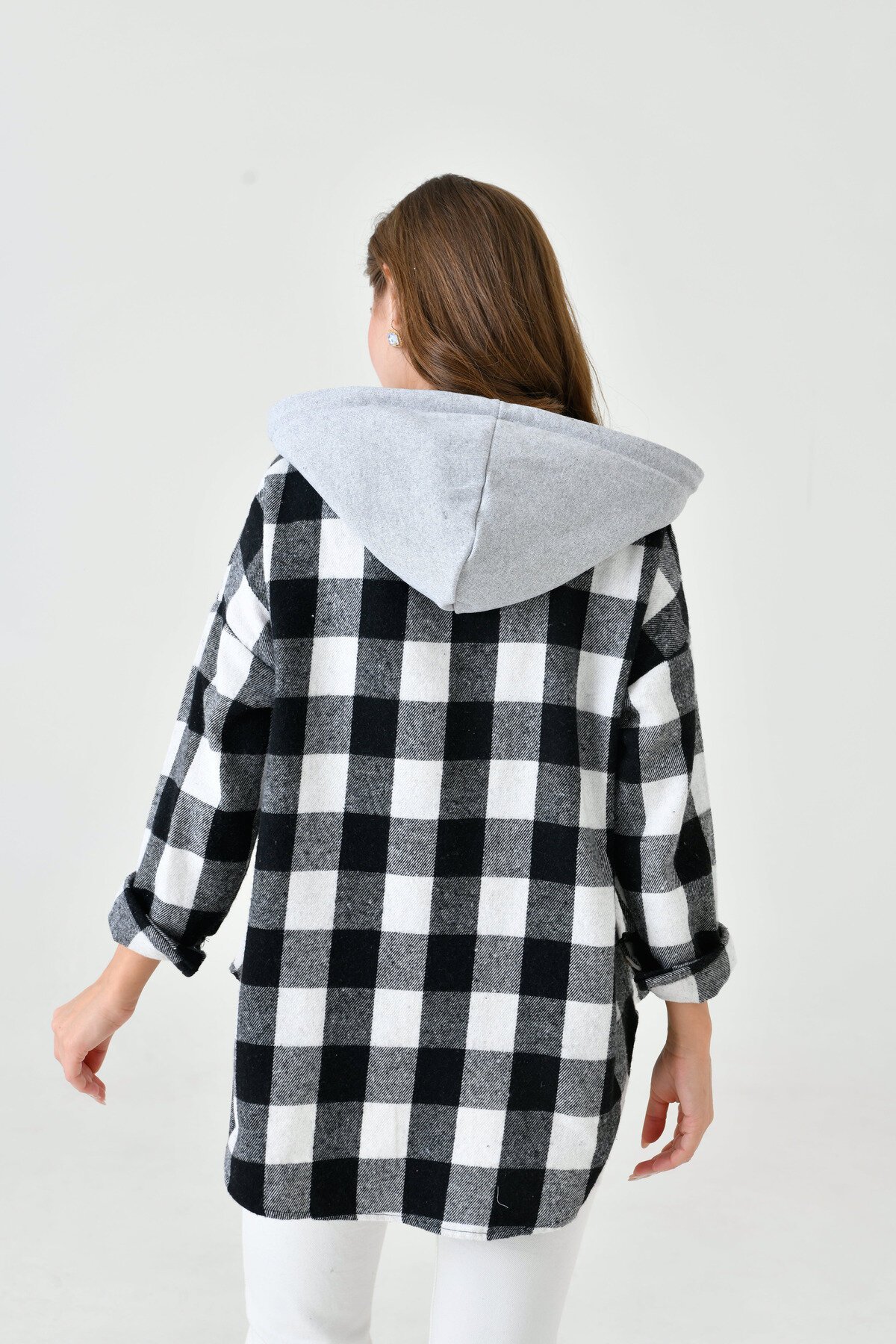 Kadın Desenli Renkli Oduncu Oversize Bol ve Geniş Kalıp Casual Çift Kapüşonlu Ceket Gömlek