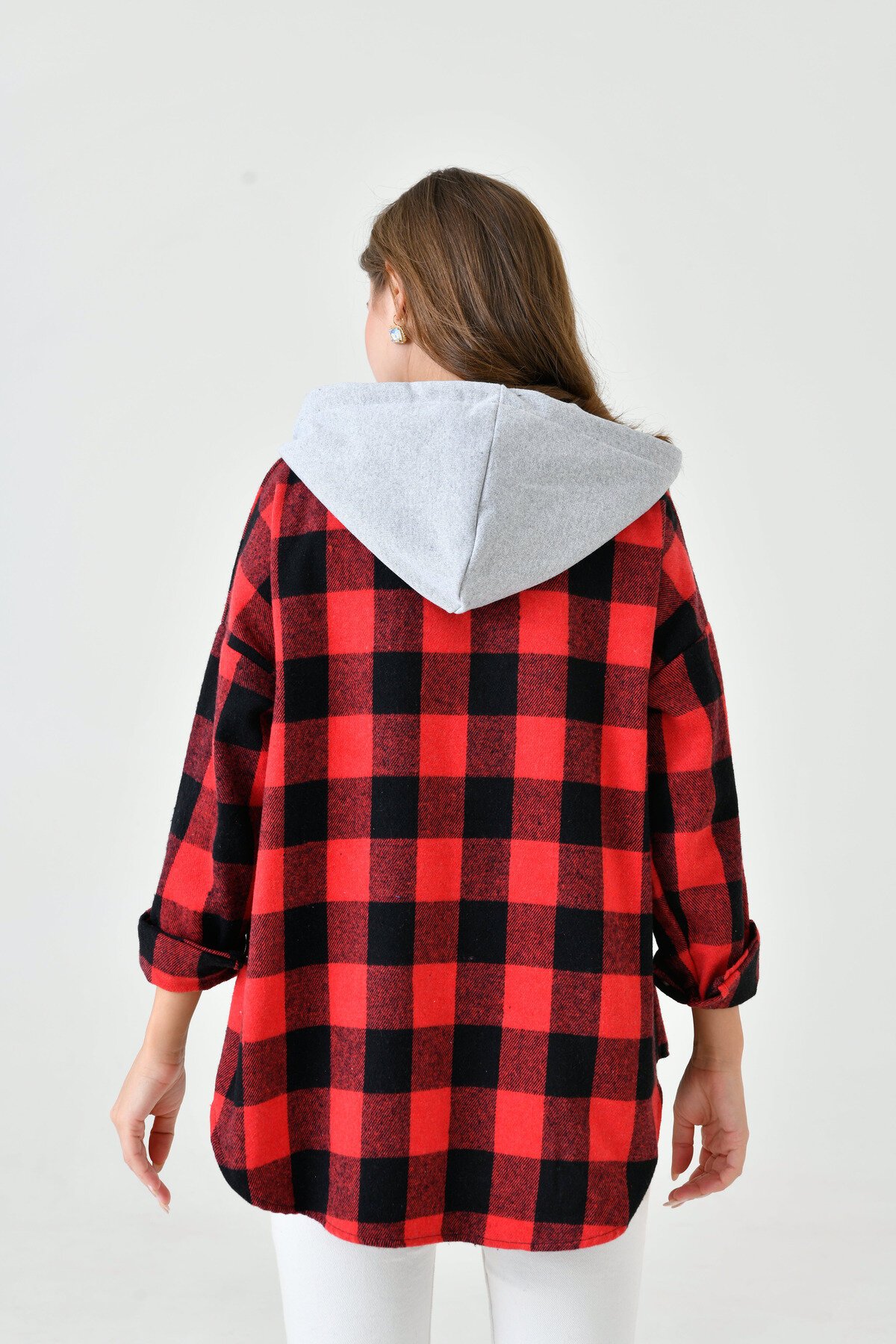 Kadın Desenli Renkli Oduncu Oversize Bol ve Geniş Kalıp Casual Çift Kapüşonlu Ceket Gömlek