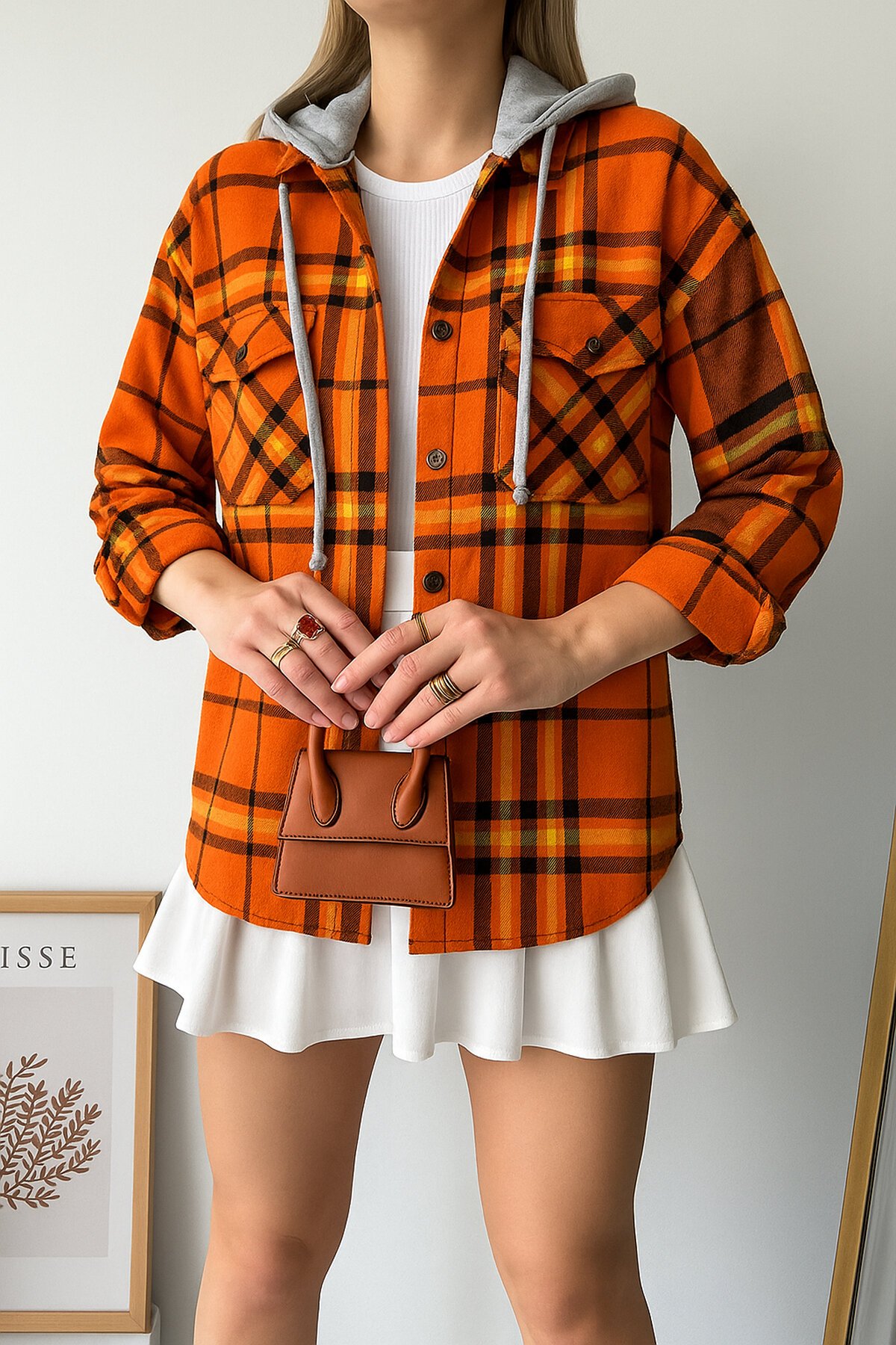 Kadın Desenli Renkli Oduncu Oversize Bol ve Geniş Kalıp Casual Çift Kapüşonlu Ceket Gömlek