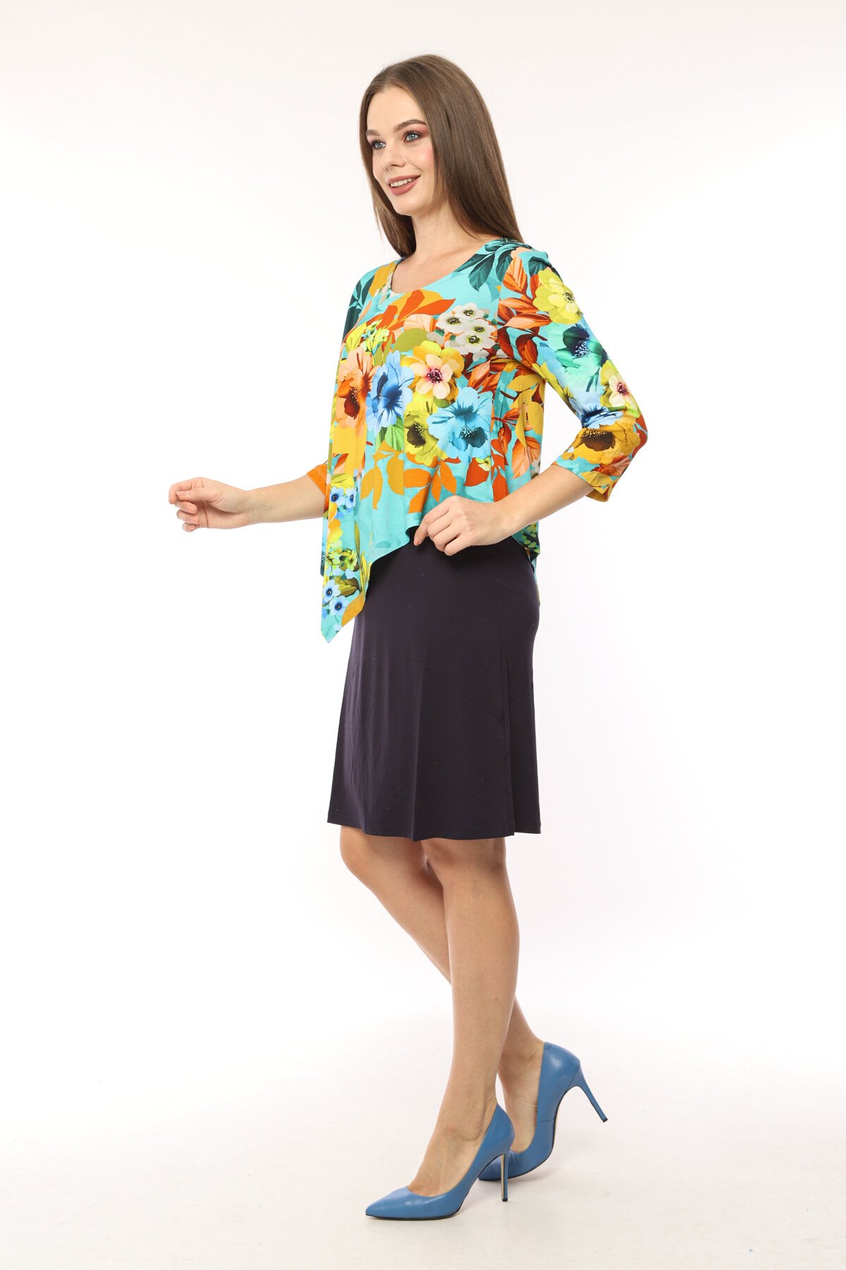 Kadın Desenli Şal Yaka Viskon Curve Büyük Beden Spor Şık Çiçekli Midi Boy Elbise