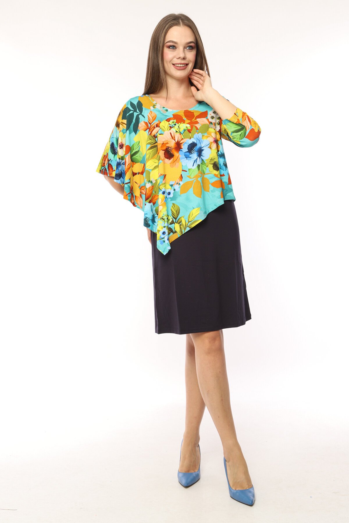 Kadın Desenli Şal Yaka Viskon Curve Büyük Beden Spor Şık Çiçekli Midi Boy Elbise