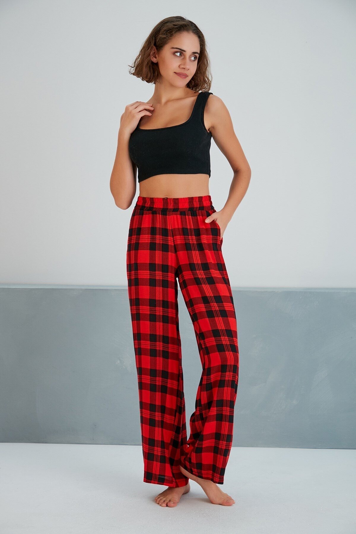 Kadın Dokuma Viskon Dama Desenli Cepli Büyük Beden Kalıp Beli Lastikli Salaş Pantolon