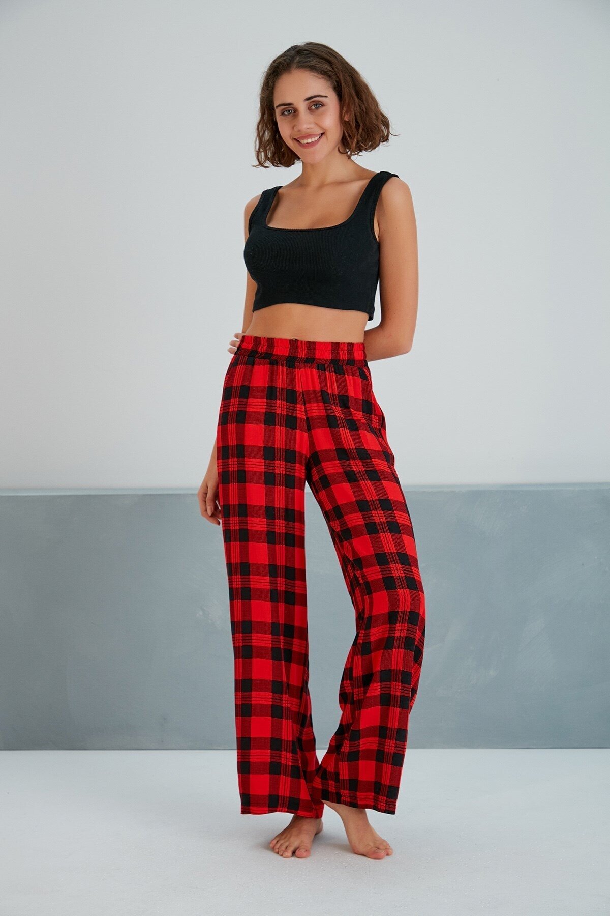 Kadın Dokuma Viskon Dama Desenli Cepli Büyük Beden Kalıp Beli Lastikli Salaş Pantolon