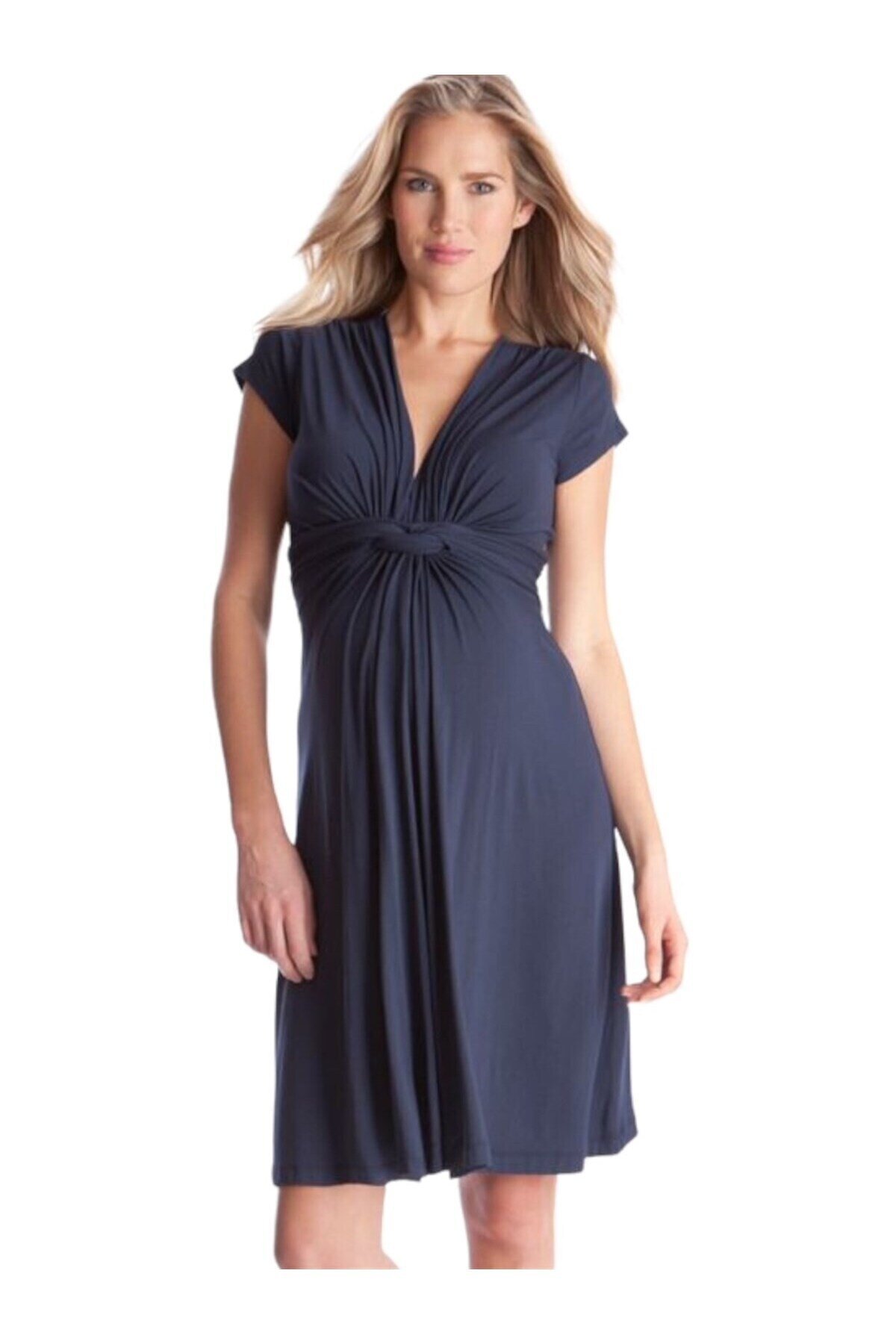 Kadın Göğüs Altında Düğüm Model Spor Şık Viskon Lacivert Hamile Elbisesi