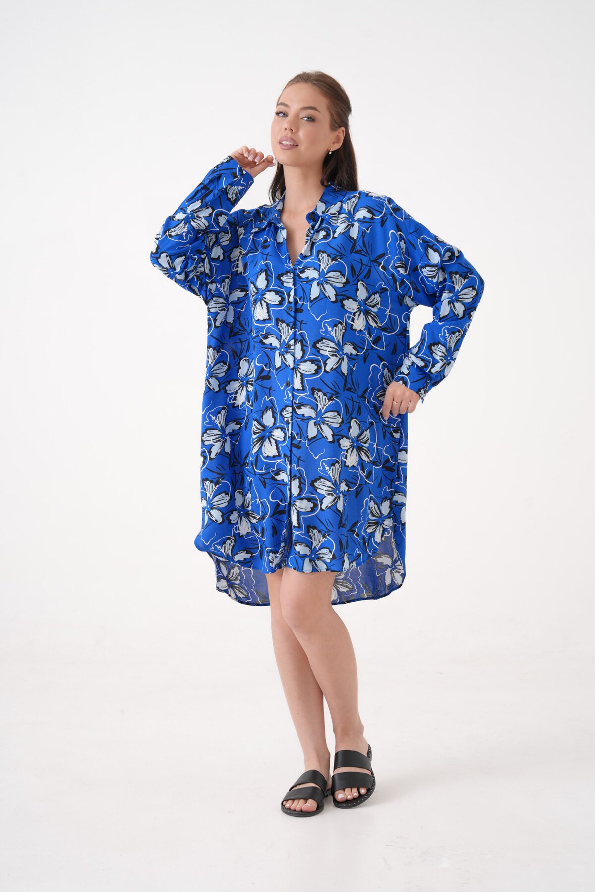 Kadın Gömlek Yaka Büyük Beden Desenli Tunik Boy Uzun Kol Gömlek Elbise