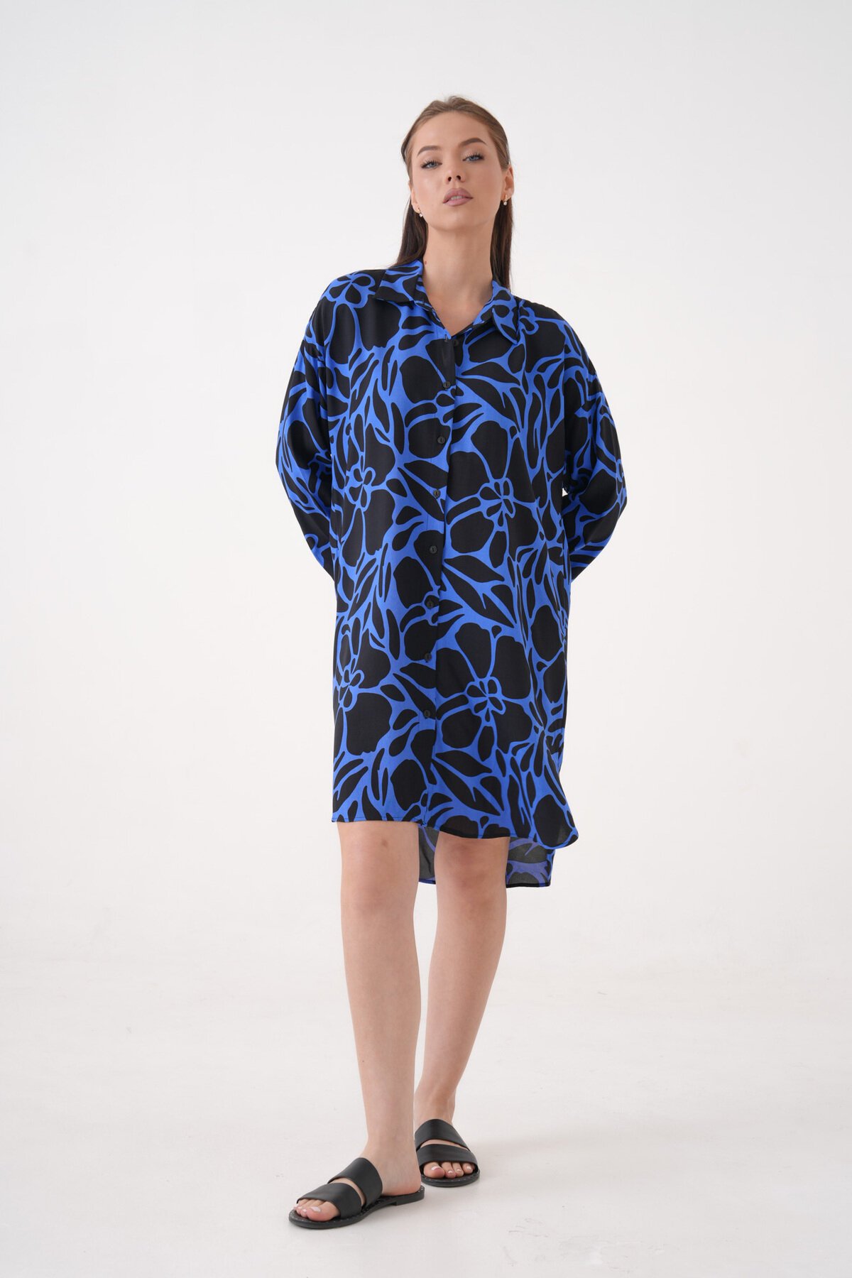 Kadın Gömlek Yaka Büyük Beden Desenli Tunik Boy Uzun Kol Gömlek Elbise