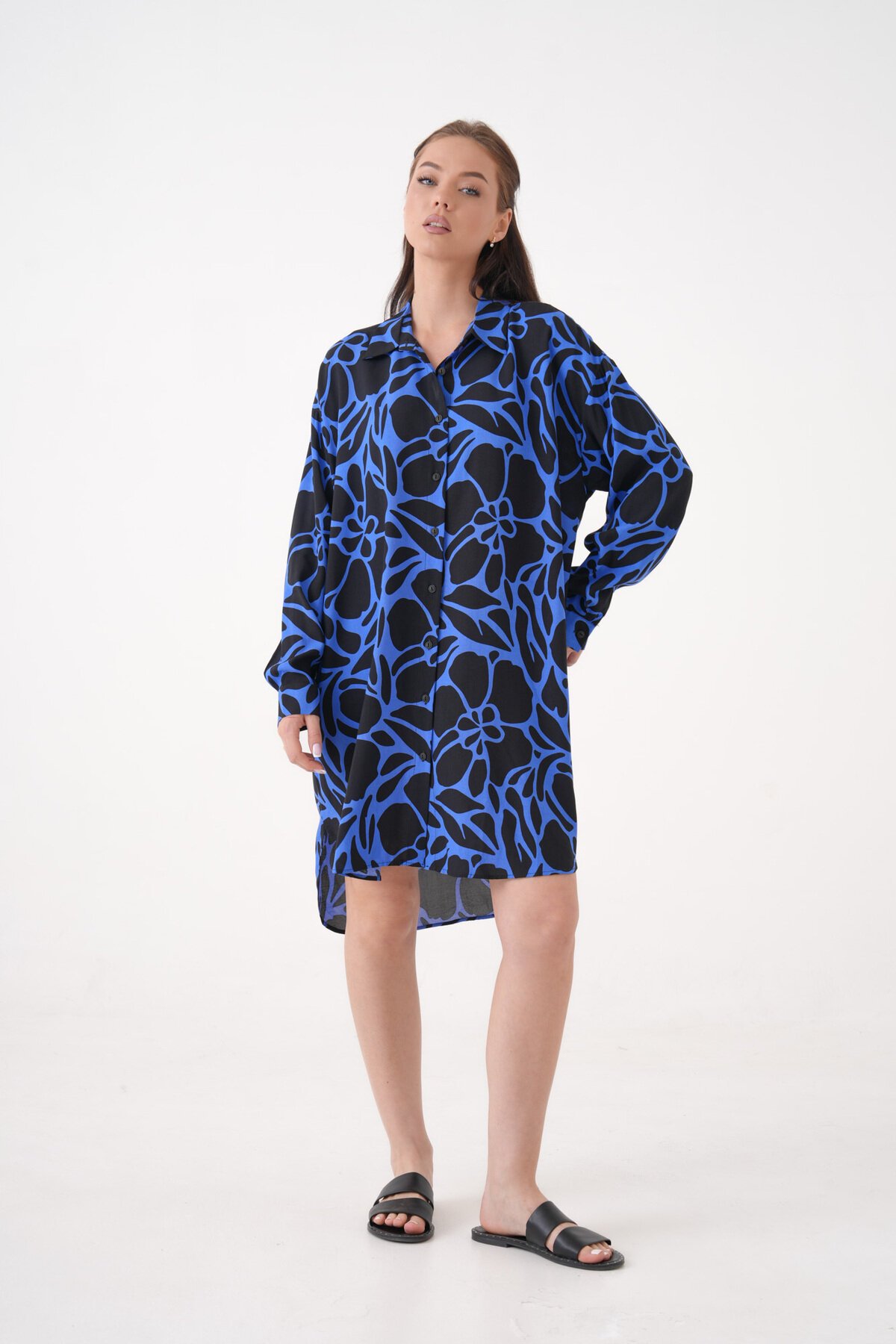 Kadın Gömlek Yaka Büyük Beden Desenli Tunik Boy Uzun Kol Gömlek Elbise