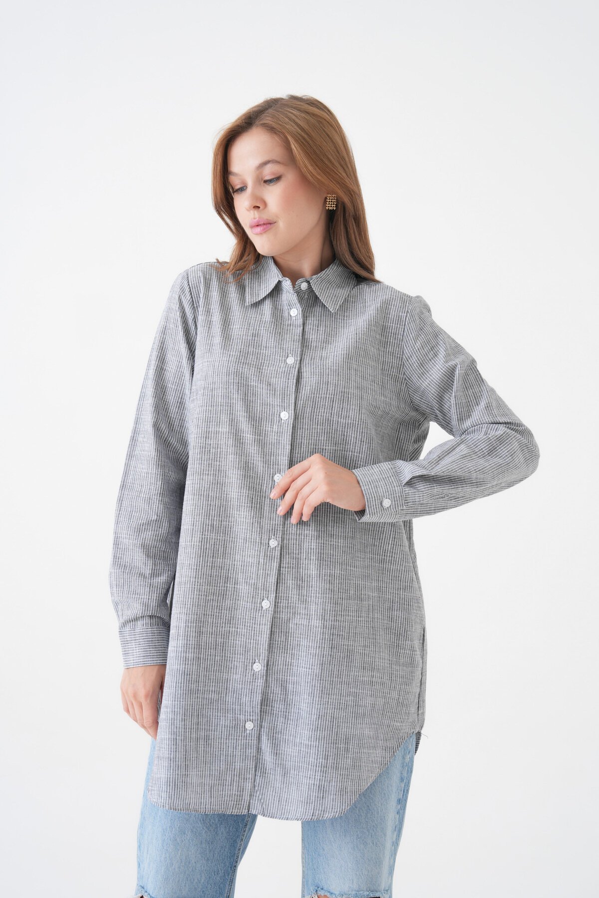 Kadın Gömlek Yaka Düğmeli Uzun Kol Tunik Boy Rahat Çizgili Curve Büyük Beden Tesettüre Uygun Gömlek