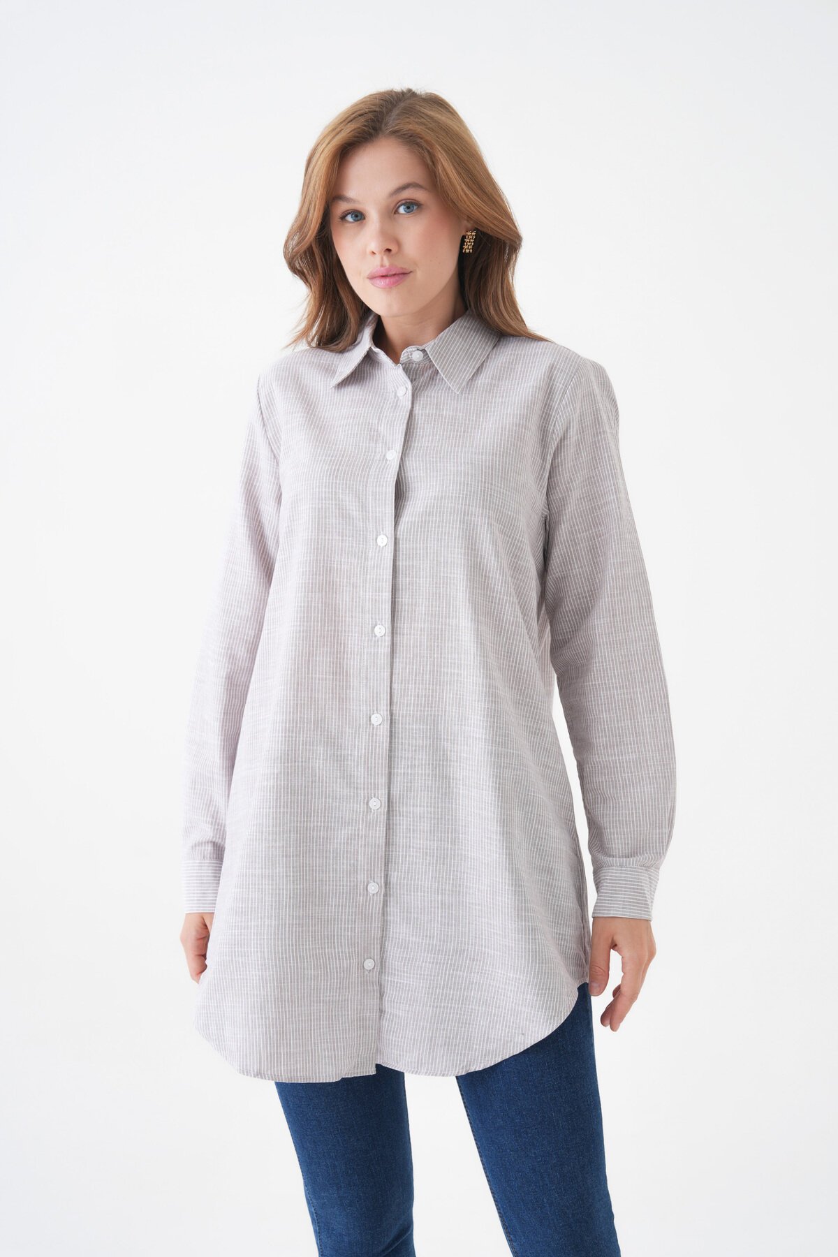 Kadın Gömlek Yaka Düğmeli Uzun Kol Tunik Boy Rahat Çizgili Curve Büyük Beden Tesettüre Uygun Gömlek