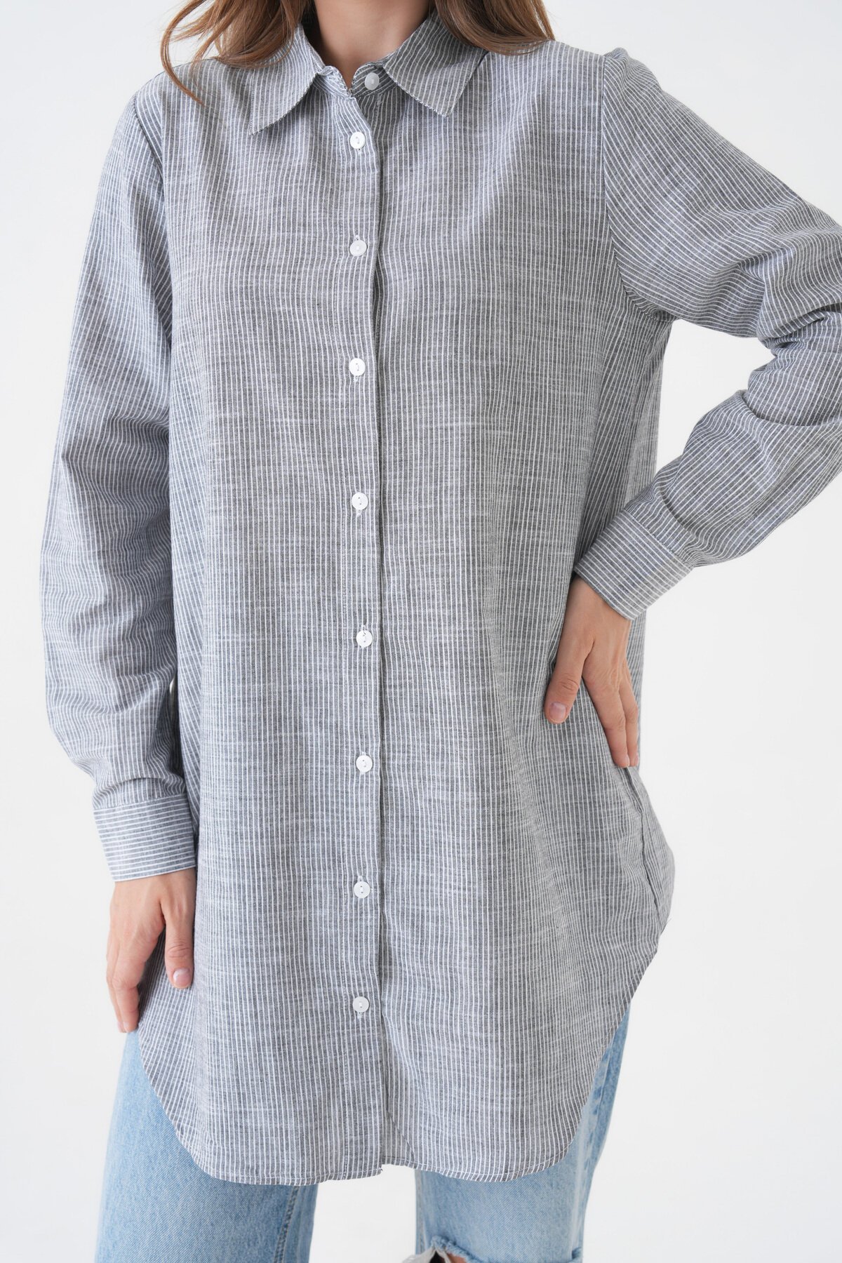 Kadın Gömlek Yaka Düğmeli Uzun Kol Tunik Boy Rahat Çizgili Curve Büyük Beden Tesettüre Uygun Gömlek